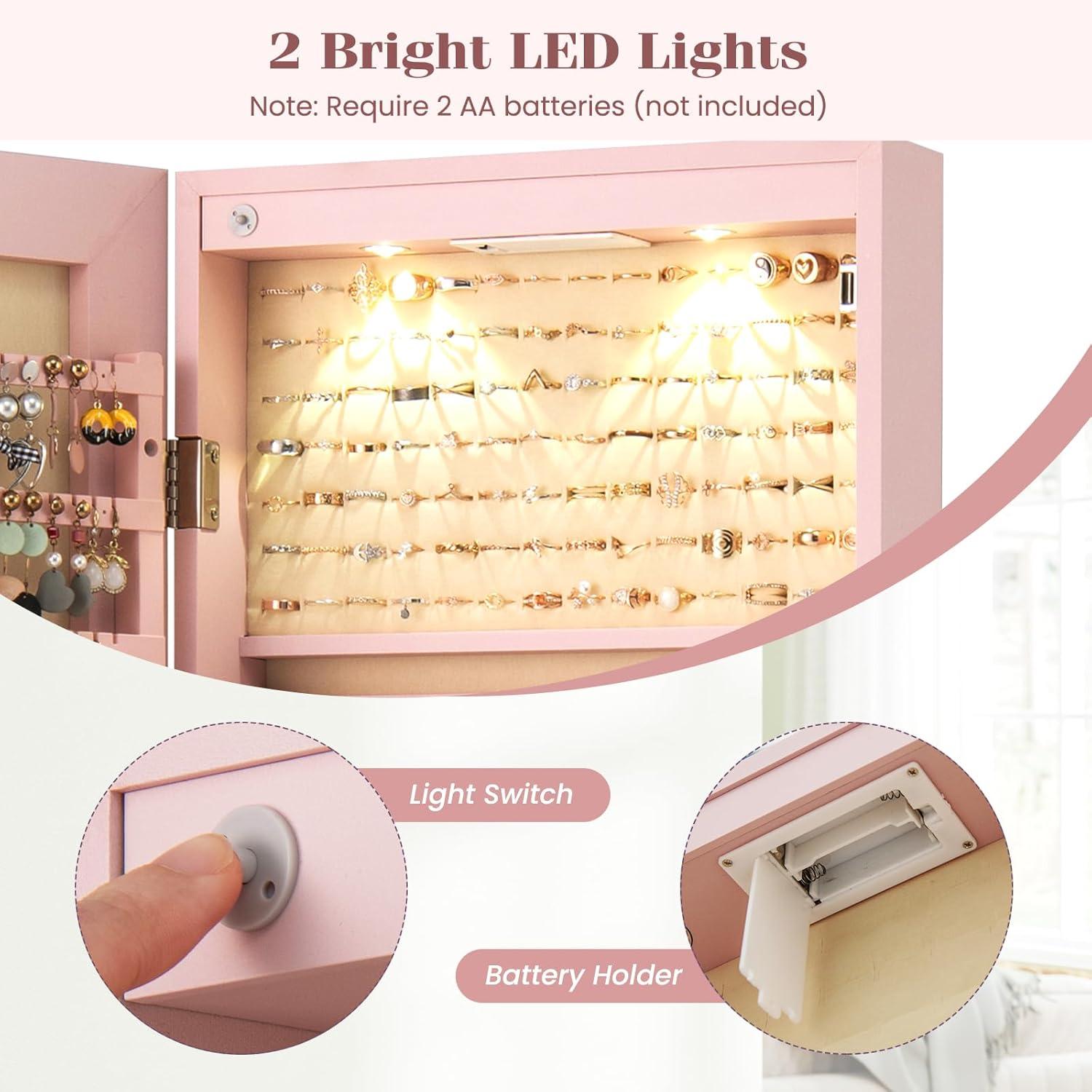 image:imageGiantex Wall or Door Mounted Jewelry Armoire with 475 Full Length Mirror Lockable Cabinet with 2 LED Lights 2 Drawers Over the Door Large Jewelry Storage Organizer Light OakLight Pink