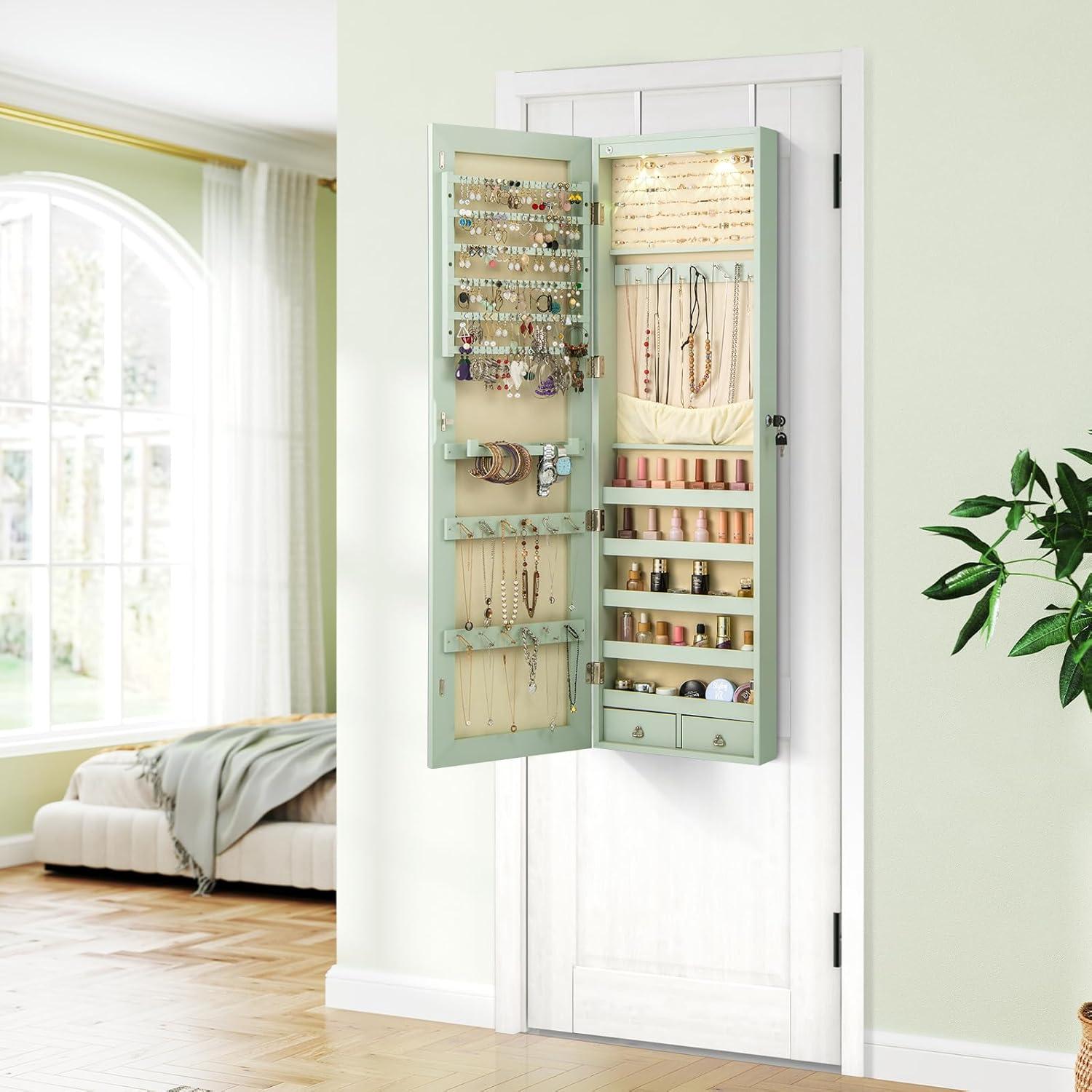 image:imageGiantex Wall or Door Mounted Jewelry Armoire with 475 Full Length Mirror Lockable Cabinet with 2 LED Lights 2 Drawers Over the Door Large Jewelry Storage Organizer Light OakSage