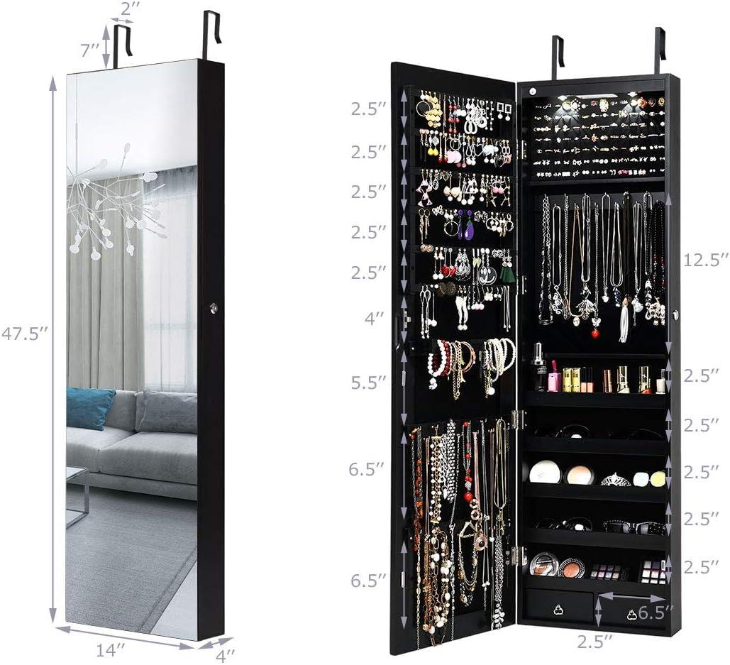 image:imageGiantex Wall or Door Mounted Jewelry Armoire with 475 Full Length Mirror Lockable Cabinet with 2 LED Lights 2 Drawers Over the Door Large Jewelry Storage Organizer Light OakBlack