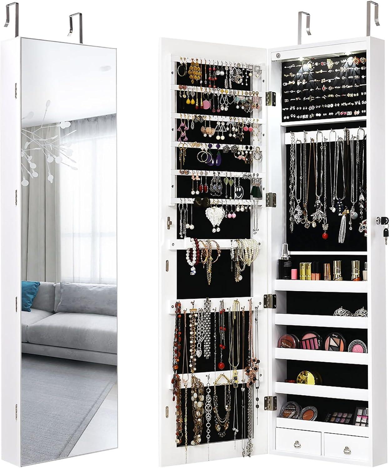 image:imageGiantex Wall or Door Mounted Jewelry Armoire with 475 Full Length Mirror Lockable Cabinet with 2 LED Lights 2 Drawers Over the Door Large Jewelry Storage Organizer Light OakWhite