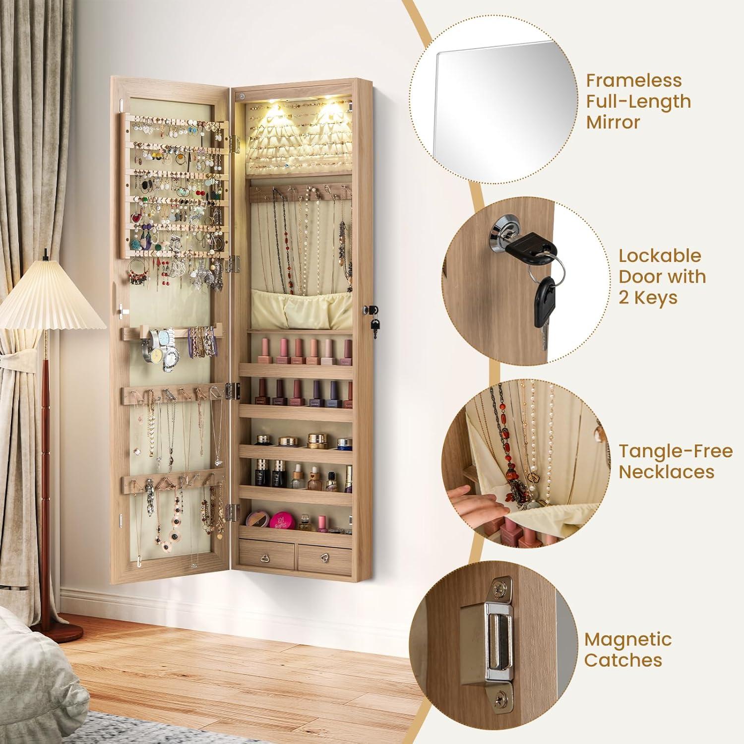 image:imageGiantex Wall or Door Mounted Jewelry Armoire with 475 Full Length Mirror Lockable Cabinet with 2 LED Lights 2 Drawers Over the Door Large Jewelry Storage Organizer Light OakLight Oak