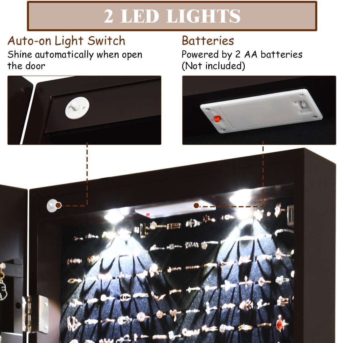 image:imageGiantex Wall or Door Mounted Jewelry Armoire with 475 Full Length Mirror Lockable Cabinet with 2 LED Lights 2 Drawers Over the Door Large Jewelry Storage Organizer Light OakEspresso