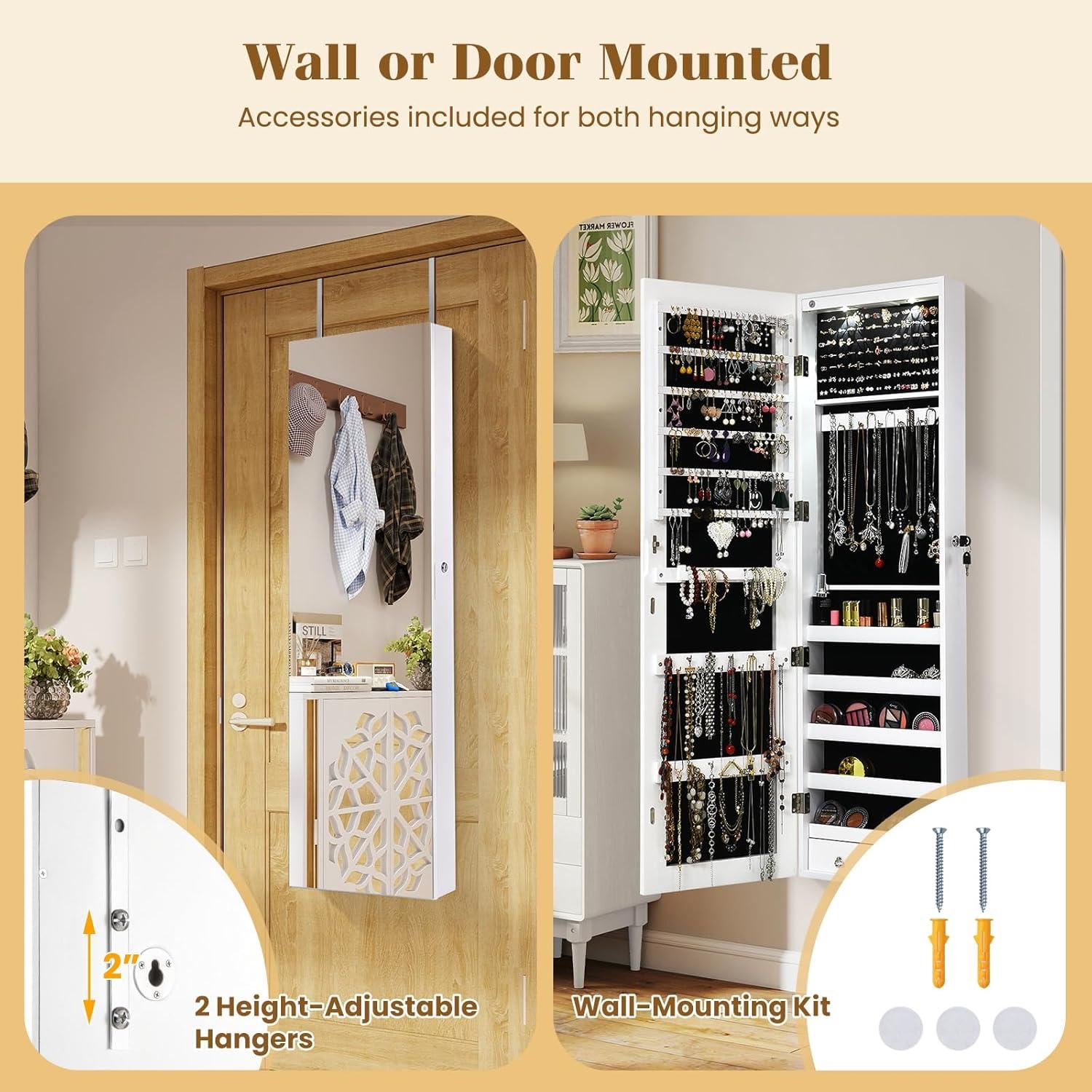 image:imageGiantex Wall or Door Mounted Jewelry Armoire with 475 Full Length Mirror Lockable Cabinet with 2 LED Lights 2 Drawers Over the Door Large Jewelry Storage Organizer Light OakWhite