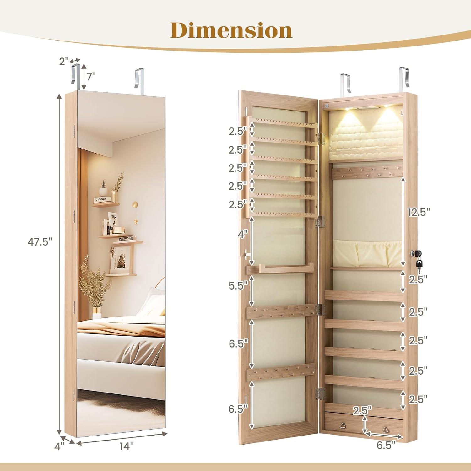 image:imageGiantex Wall or Door Mounted Jewelry Armoire with 475 Full Length Mirror Lockable Cabinet with 2 LED Lights 2 Drawers Over the Door Large Jewelry Storage Organizer Light OakLight Oak