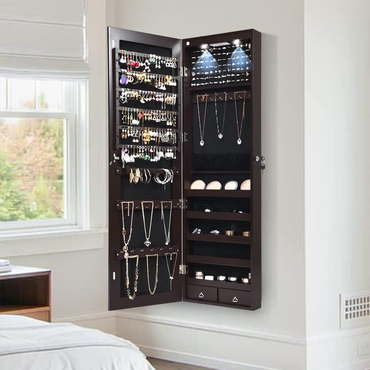 image:imageGiantex Wall or Door Mounted Jewelry Armoire with 475 Full Length Mirror Lockable Cabinet with 2 LED Lights 2 Drawers Over the Door Large Jewelry Storage Organizer Light OakEspresso
