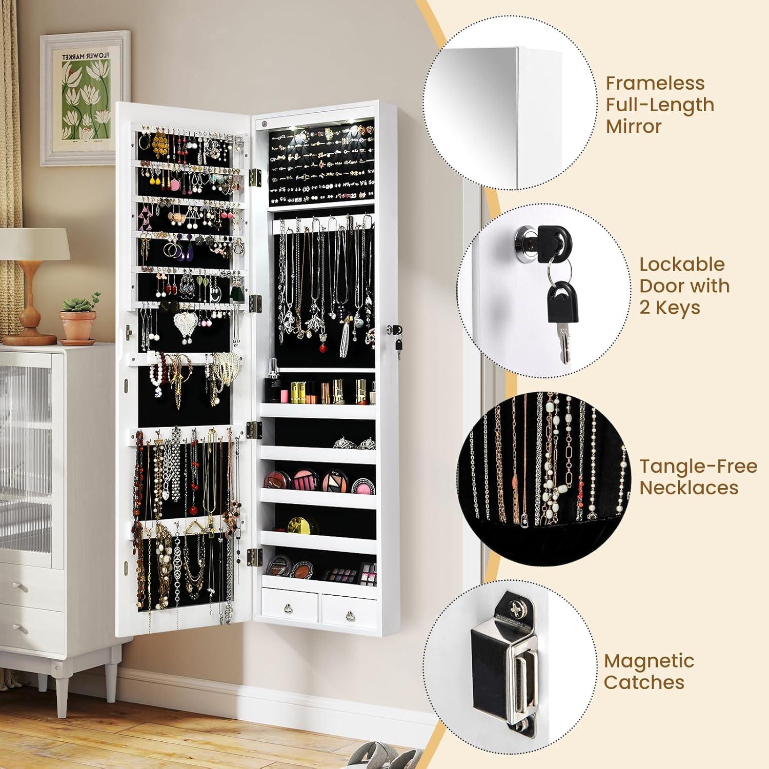 image:imageGiantex Wall or Door Mounted Jewelry Armoire with 475 Full Length Mirror Lockable Cabinet with 2 LED Lights 2 Drawers Over the Door Large Jewelry Storage Organizer Light OakWhite