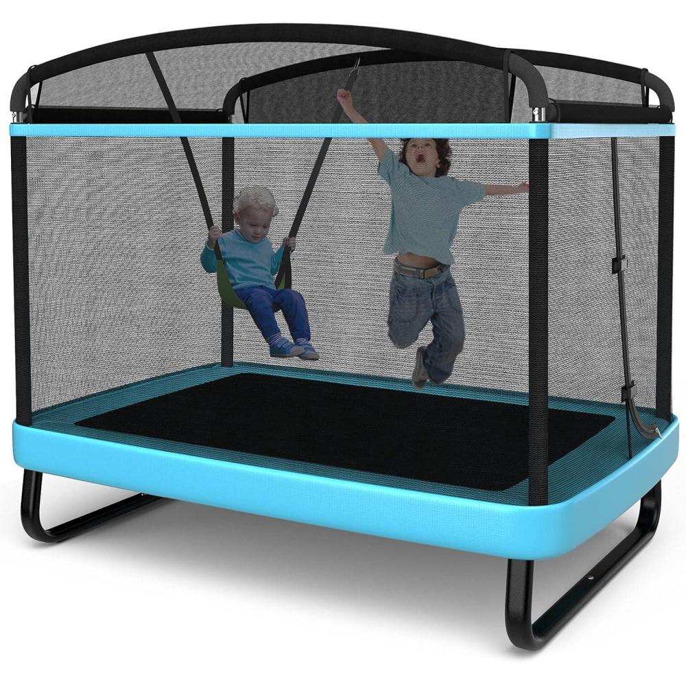 image:imageGiantex 6 FT Trampoline for Kids with Swing Toddler Trampolines with Safety Enclosure Net ASTM Approved Rectangle Indoor amp Outdoor Mini Kids TrampolineBlue