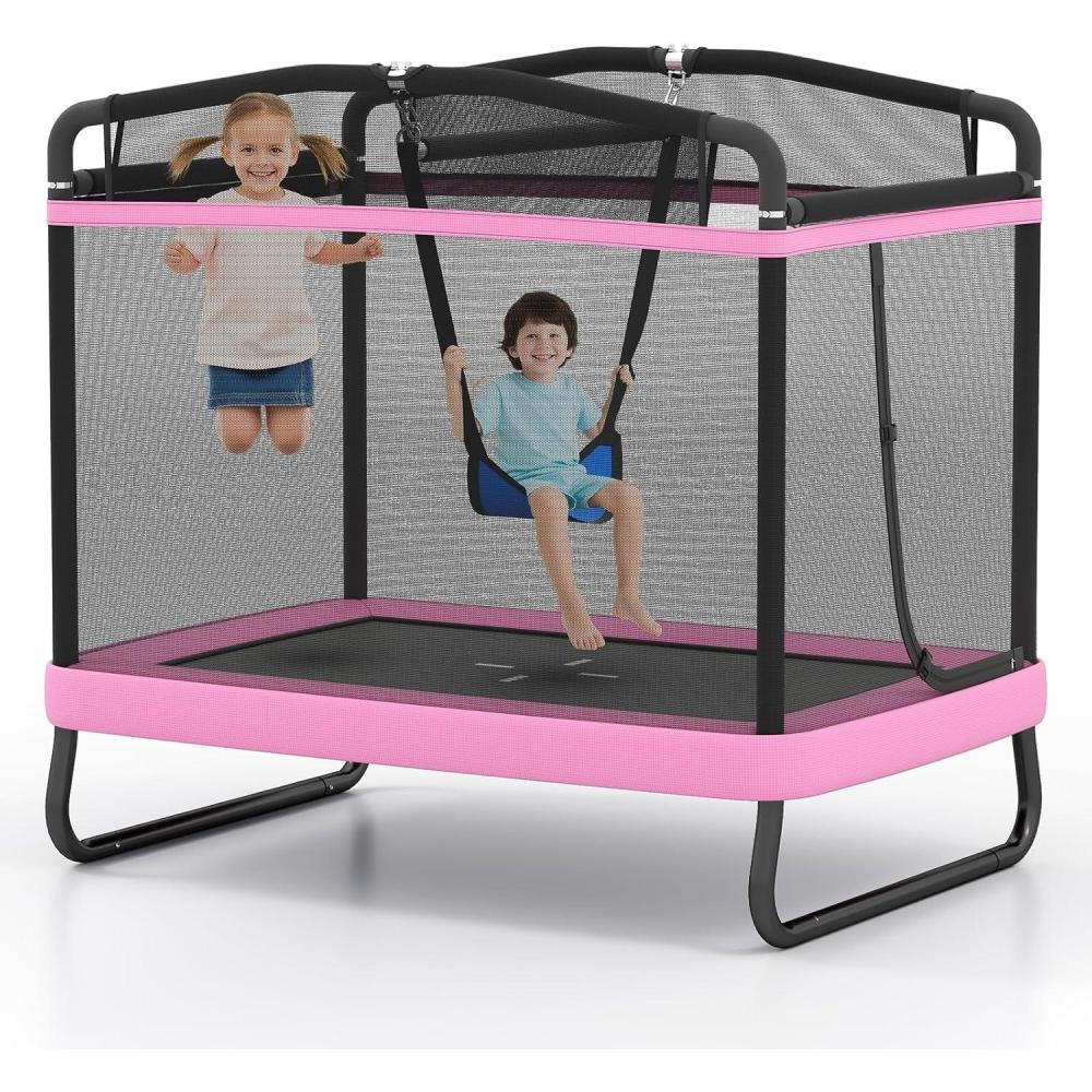 image:imageGiantex 6 FT Trampoline for Kids with Swing Toddler Trampolines with Safety Enclosure Net ASTM Approved Rectangle Indoor amp Outdoor Mini Kids TrampolinePink with Horizontal Bar