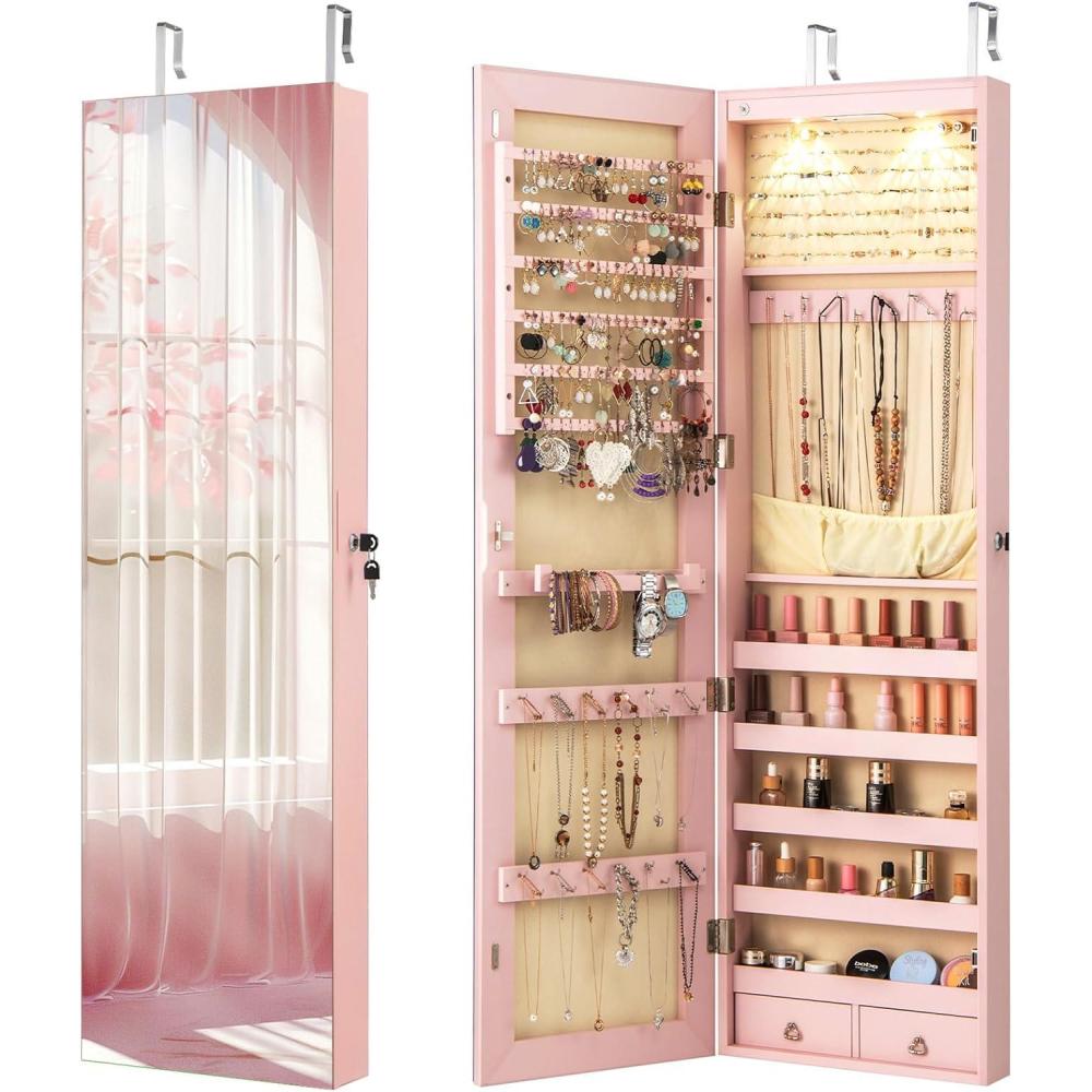 image:imageGiantex Wall or Door Mounted Jewelry Armoire with 475 Full Length Mirror Lockable Cabinet with 2 LED Lights 2 Drawers Over the Door Large Jewelry Storage Organizer Light OakLight Pink