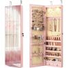 Giantex Wall or Door Mounted Jewelry Armoire with 47.5″ Full Length Mirror, Lockable Cabinet with 2 LED Lights, 2 Drawers, Over the Door Large Jewelry Storage Organizer (Light Oak)(Light Pink)