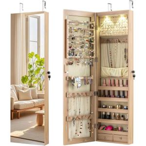 Giantex Wall or Door Mounted Jewelry Armoire with 47.5″ Full Length Mirror, Lockable Cabinet with 2 LED Lights, 2 Drawers, Over the Door Large Jewelry Storage Organizer (Light Oak)(Light Oak)