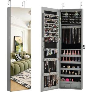 Giantex Wall or Door Mounted Jewelry Armoire with 47.5″ Full Length Mirror, Lockable Cabinet with 2 LED Lights, 2 Drawers, Over the Door Large Jewelry Storage Organizer (Light Oak)(Gray)