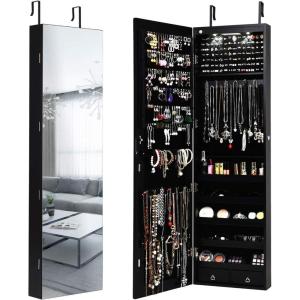 Giantex Wall or Door Mounted Jewelry Armoire with 47.5″ Full Length Mirror, Lockable Cabinet with 2 LED Lights, 2 Drawers, Over the Door Large Jewelry Storage Organizer (Light Oak)(Black)