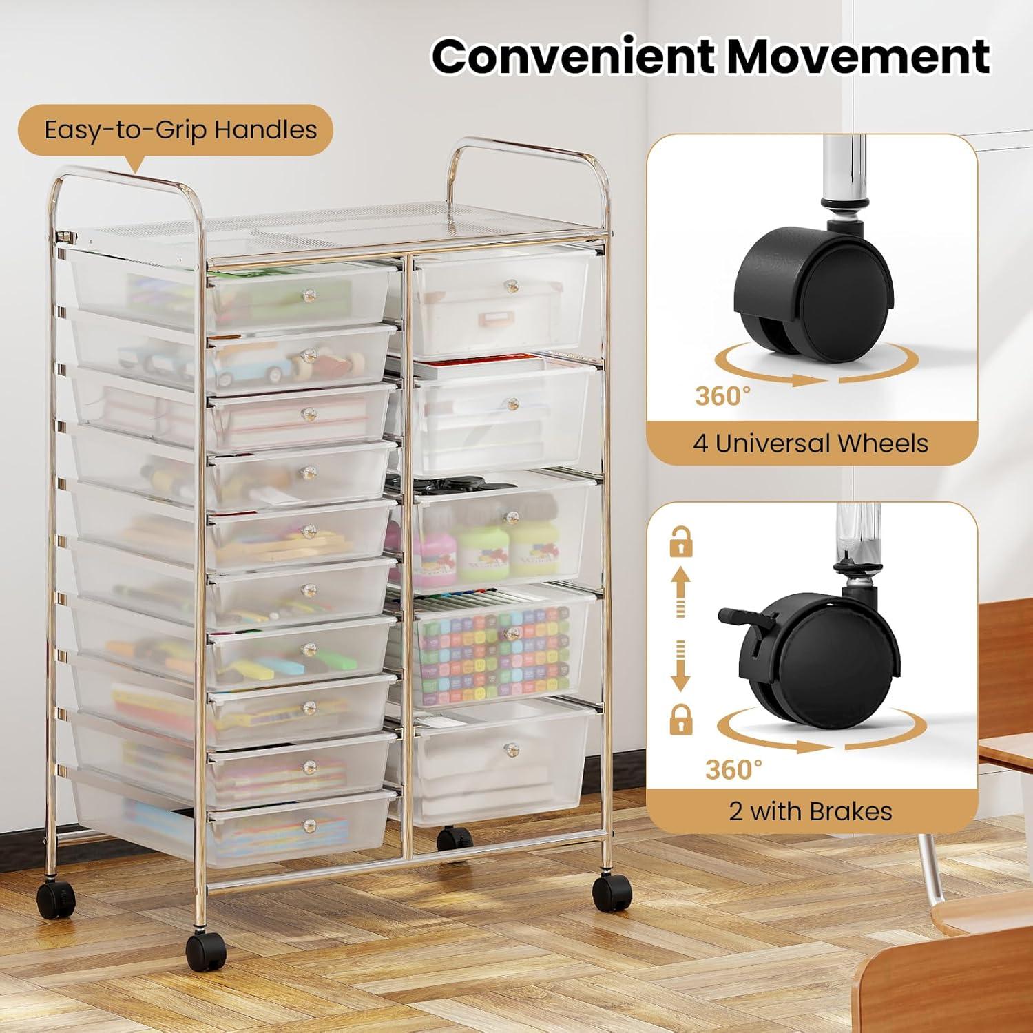 image:imageGiantex 15 Drawer Rolling Cart with Drawers Storage Organizer Cart for Classroom Office School Teacher Mobile Drawer Cart for Tools Crafts Small Printer Paper Pastel Ice CreamClear