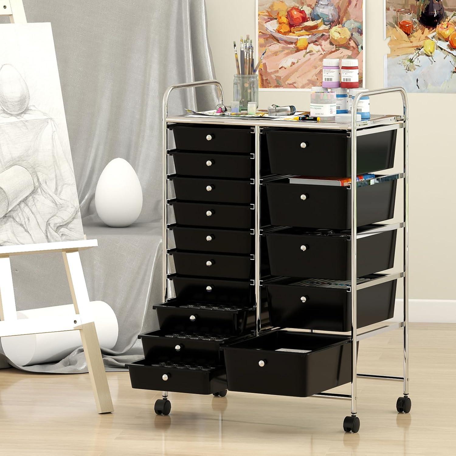 image:imageGiantex 15 Drawer Rolling Cart with Drawers Storage Organizer Cart for Classroom Office School Teacher Mobile Drawer Cart for Tools Crafts Small Printer Paper Pastel Ice CreamBlack