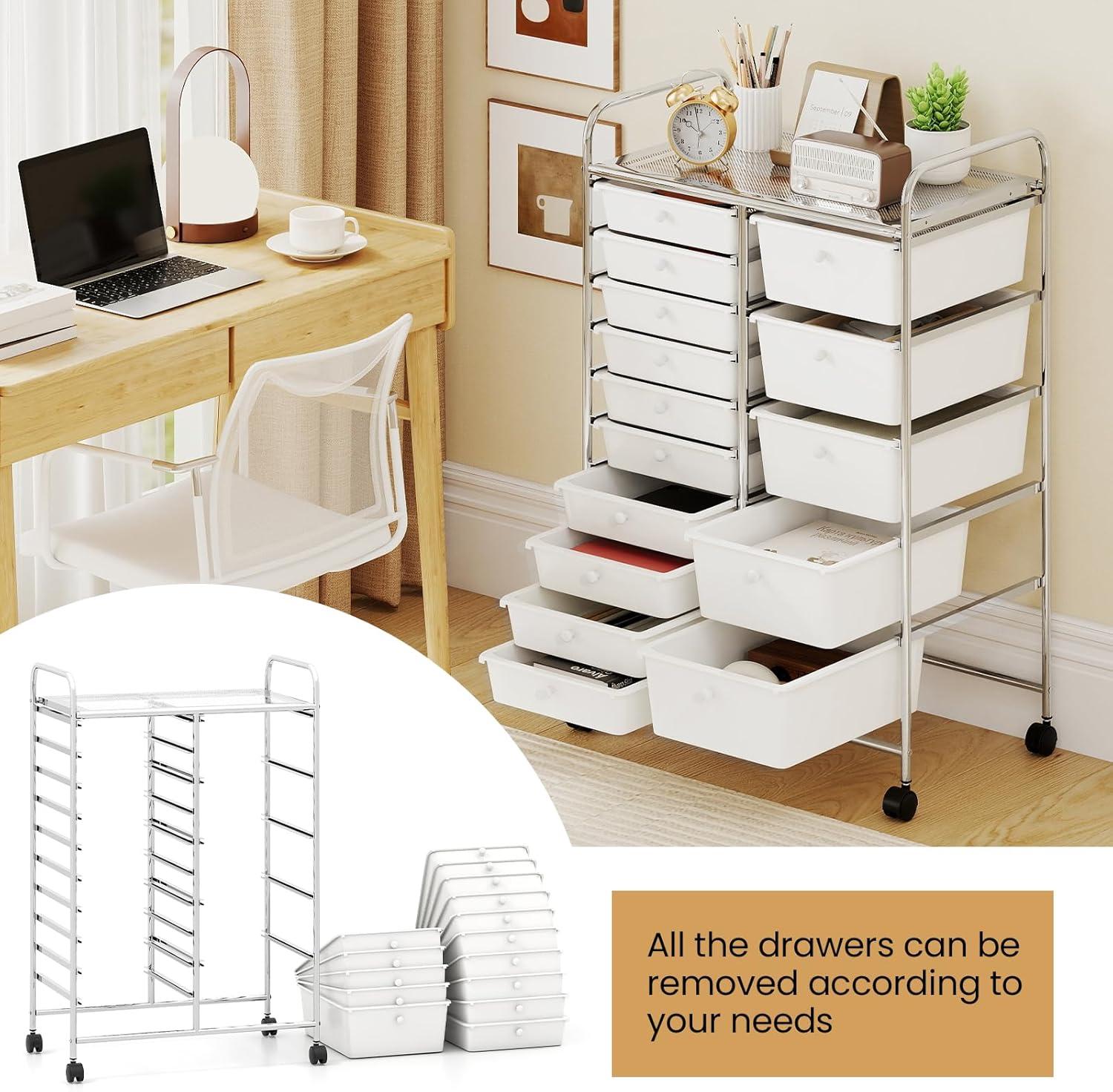 image:imageGiantex 15 Drawer Rolling Cart with Drawers Storage Organizer Cart for Classroom Office School Teacher Mobile Drawer Cart for Tools Crafts Small Printer Paper Pastel Ice CreamIvory