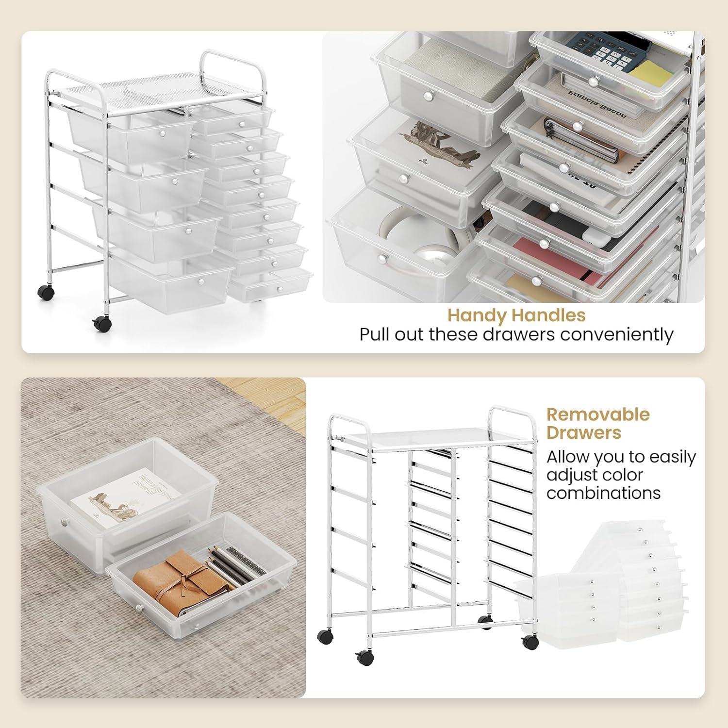 image:imageGiantex 15 Drawer Rolling Cart with Drawers Storage Organizer Cart for Classroom Office School Teacher Mobile Drawer Cart for Tools Crafts Small Printer Paper Pastel Ice CreamClear