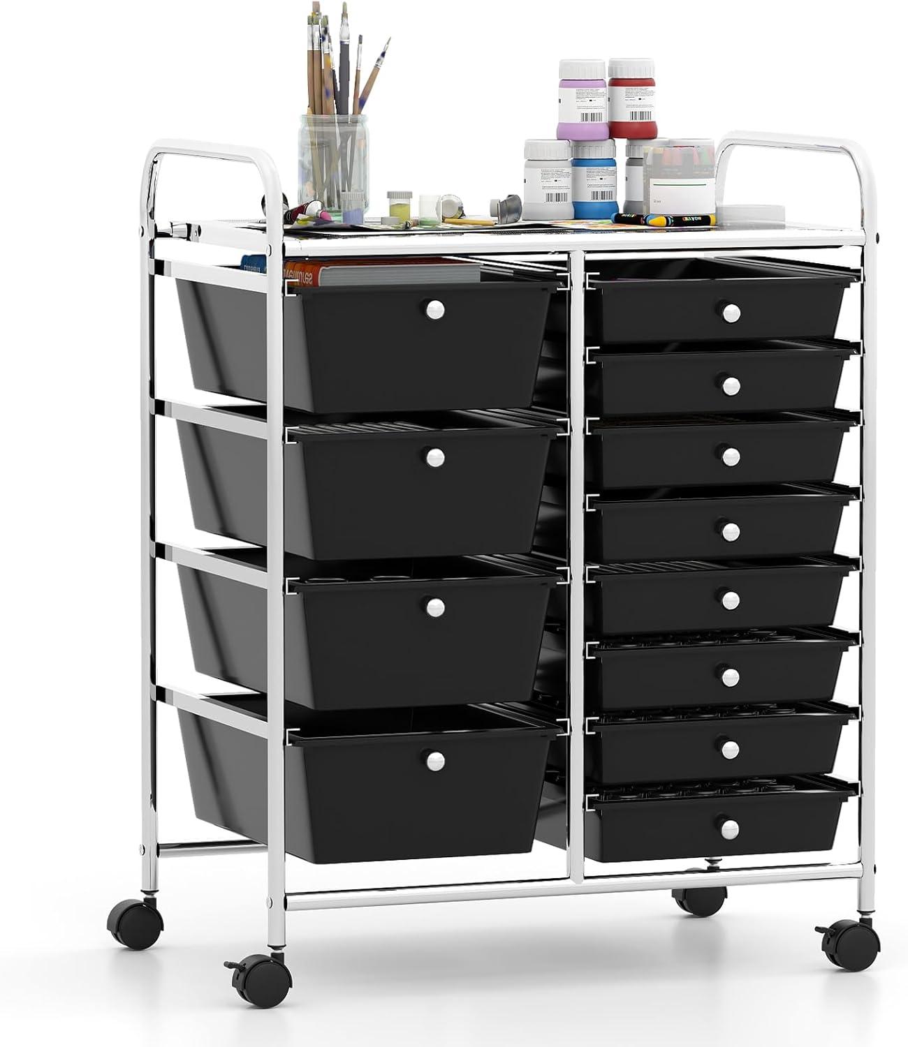 image:imageGiantex 15 Drawer Rolling Cart with Drawers Storage Organizer Cart for Classroom Office School Teacher Mobile Drawer Cart for Tools Crafts Small Printer Paper Pastel Ice CreamBlack