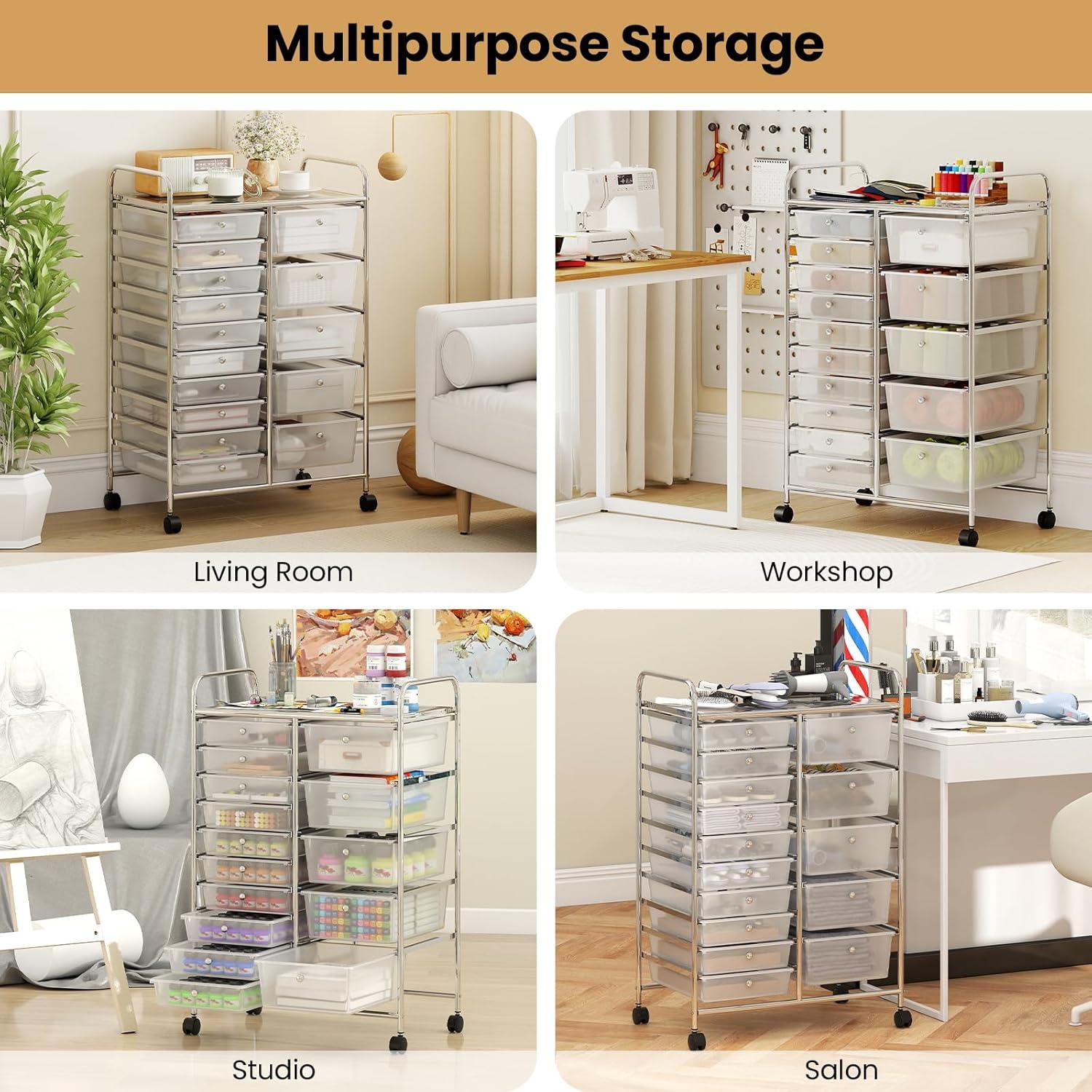image:imageGiantex 15 Drawer Rolling Cart with Drawers Storage Organizer Cart for Classroom Office School Teacher Mobile Drawer Cart for Tools Crafts Small Printer Paper Pastel Ice CreamClear