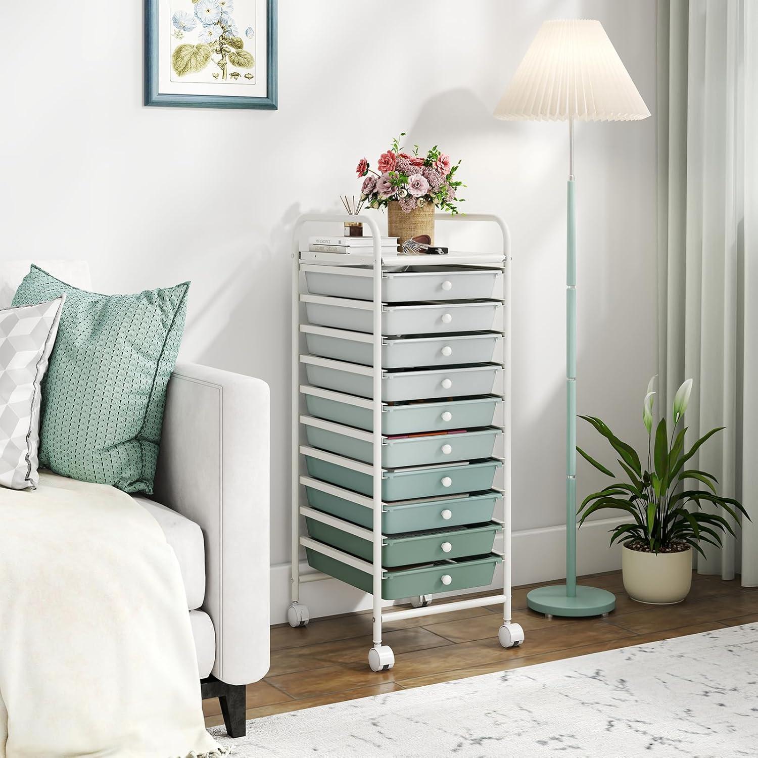 image:imageGiantex 15 Drawer Rolling Cart with Drawers Storage Organizer Cart for Classroom Office School Teacher Mobile Drawer Cart for Tools Crafts Small Printer Paper Pastel Ice CreamGreen Gradient