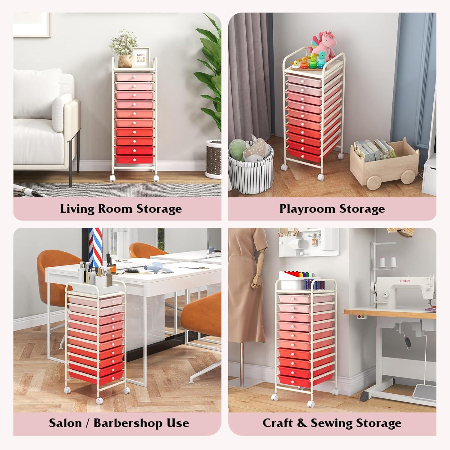 image:imageGiantex 15 Drawer Rolling Cart with Drawers Storage Organizer Cart for Classroom Office School Teacher Mobile Drawer Cart for Tools Crafts Small Printer Paper Pastel Ice CreamRed
