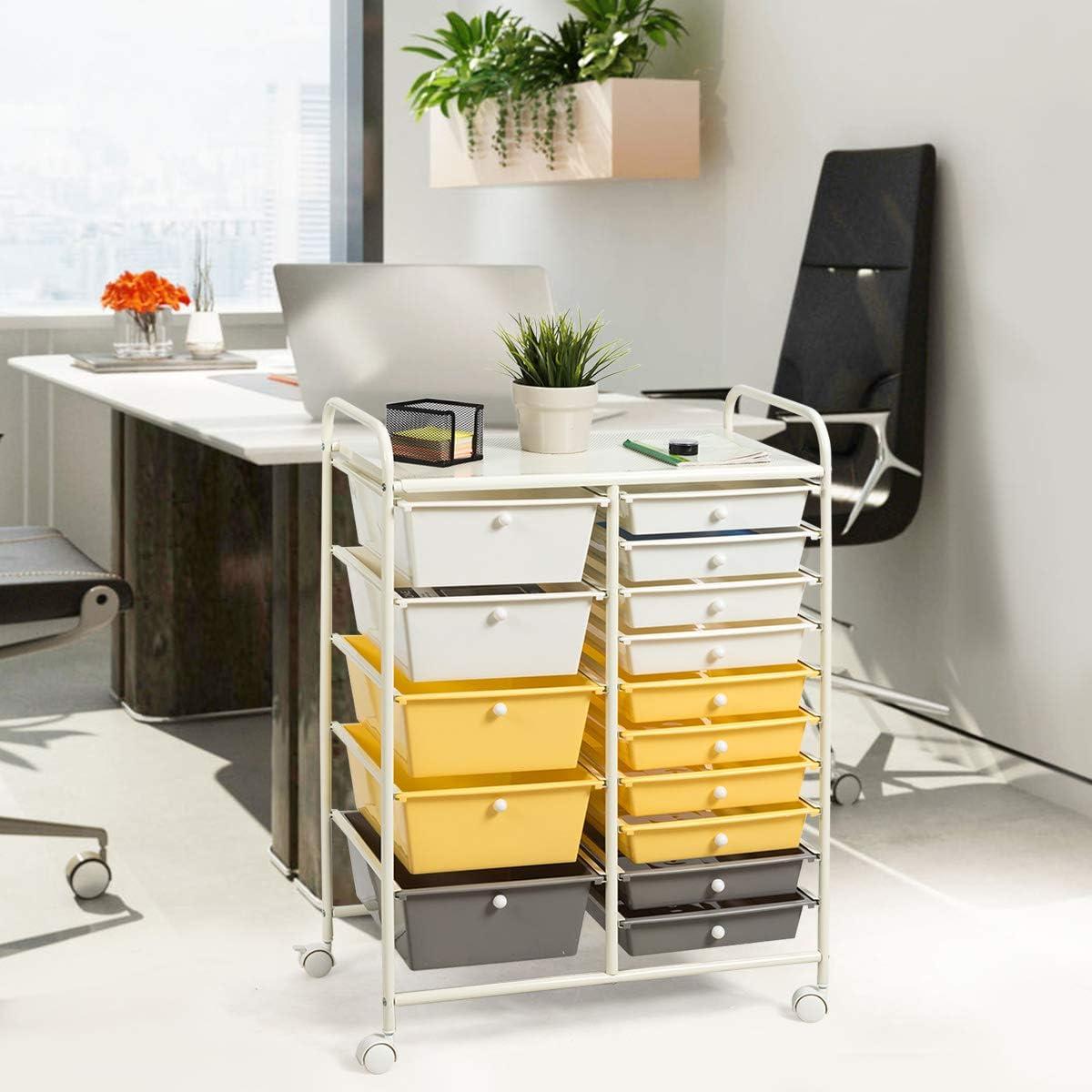 image:imageGiantex 15 Drawer Rolling Cart with Drawers Storage Organizer Cart for Classroom Office School Teacher Mobile Drawer Cart for Tools Crafts Small Printer Paper Pastel Ice CreamBeigeYellowGrey