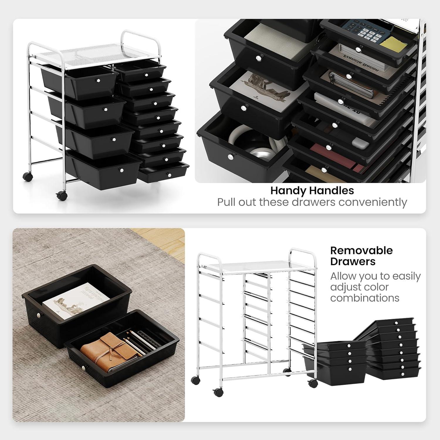 image:imageGiantex 15 Drawer Rolling Cart with Drawers Storage Organizer Cart for Classroom Office School Teacher Mobile Drawer Cart for Tools Crafts Small Printer Paper Pastel Ice CreamBlack