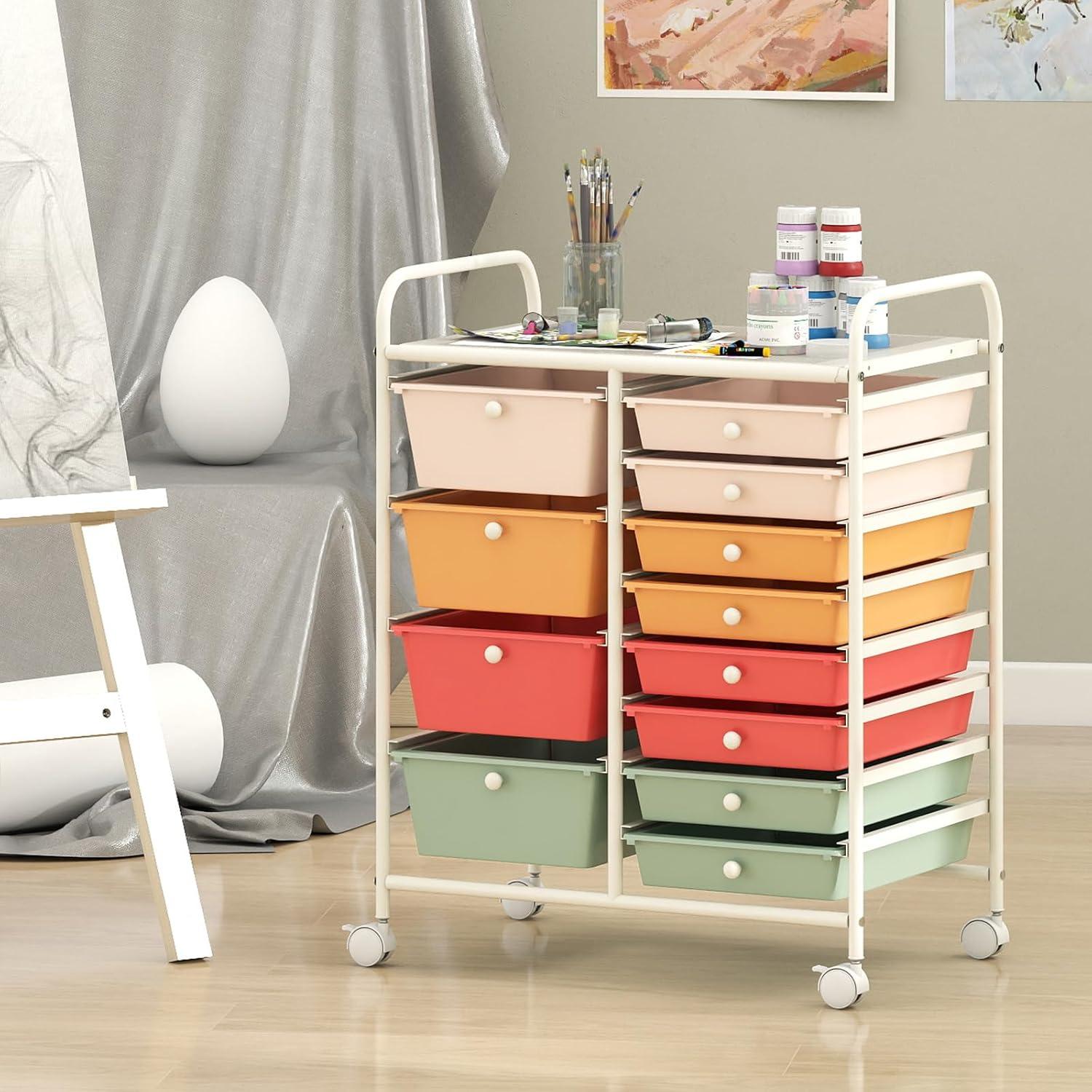 image:imageGiantex 15 Drawer Rolling Cart with Drawers Storage Organizer Cart for Classroom Office School Teacher Mobile Drawer Cart for Tools Crafts Small Printer Paper Pastel Ice CreamMacaron Multicolor