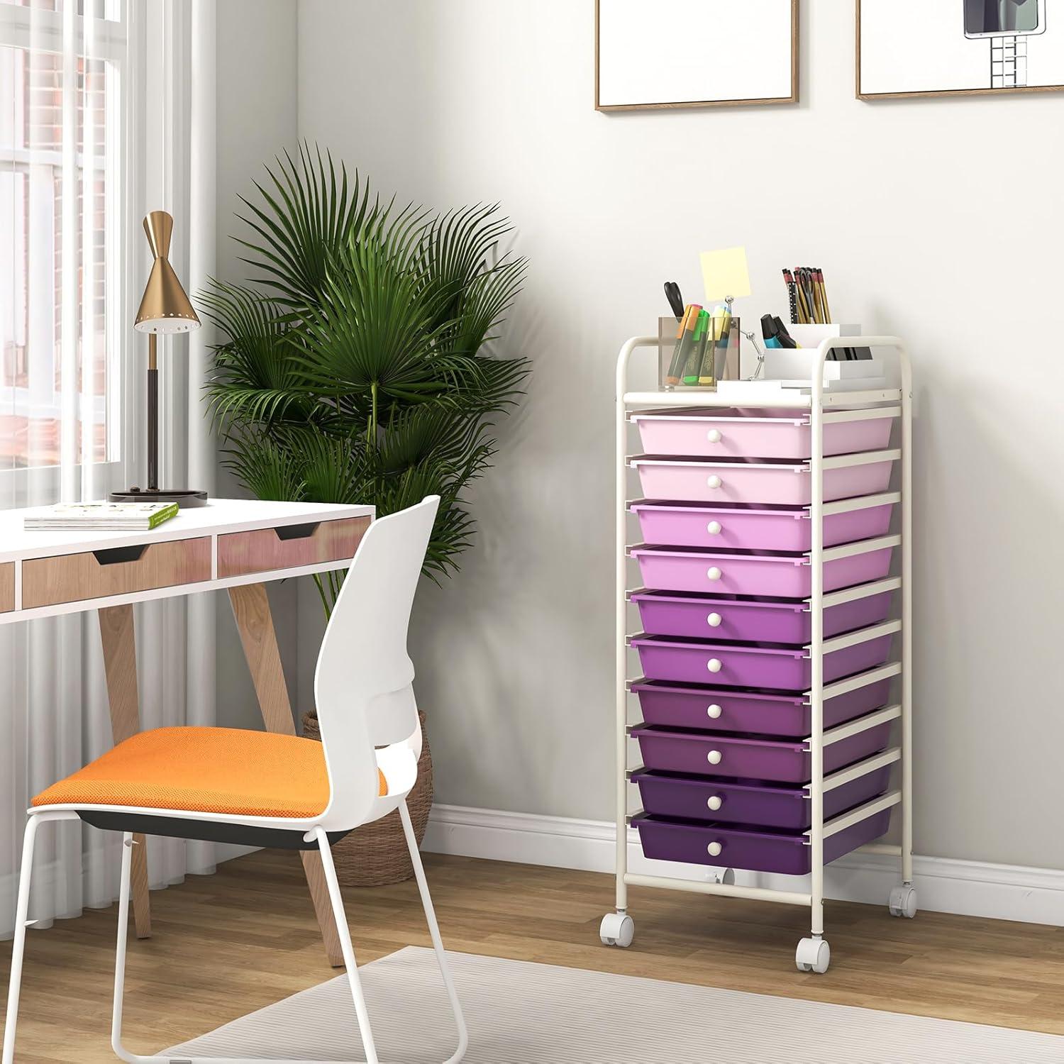 image:imageGiantex 15 Drawer Rolling Cart with Drawers Storage Organizer Cart for Classroom Office School Teacher Mobile Drawer Cart for Tools Crafts Small Printer Paper Pastel Ice CreamPurple Gradient
