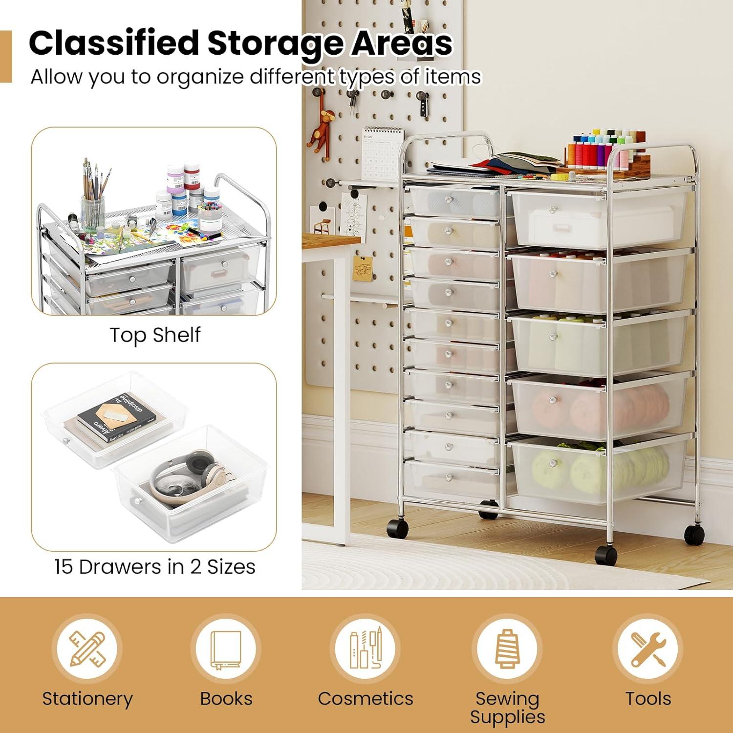 image:imageGiantex 15 Drawer Rolling Cart with Drawers Storage Organizer Cart for Classroom Office School Teacher Mobile Drawer Cart for Tools Crafts Small Printer Paper Pastel Ice CreamClear