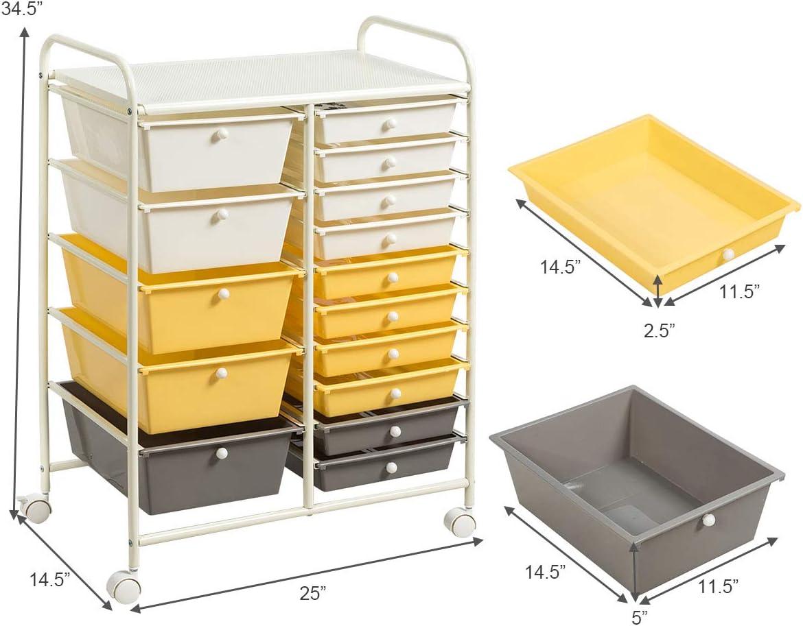 image:imageGiantex 15 Drawer Rolling Cart with Drawers Storage Organizer Cart for Classroom Office School Teacher Mobile Drawer Cart for Tools Crafts Small Printer Paper Pastel Ice CreamBeigeYellowGrey