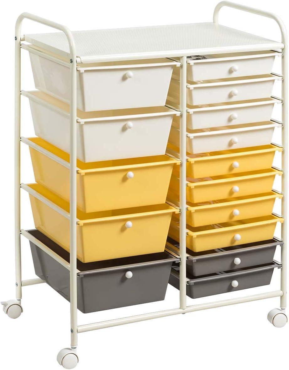 image:imageGiantex 15 Drawer Rolling Cart with Drawers Storage Organizer Cart for Classroom Office School Teacher Mobile Drawer Cart for Tools Crafts Small Printer Paper Pastel Ice CreamBeigeYellowGrey