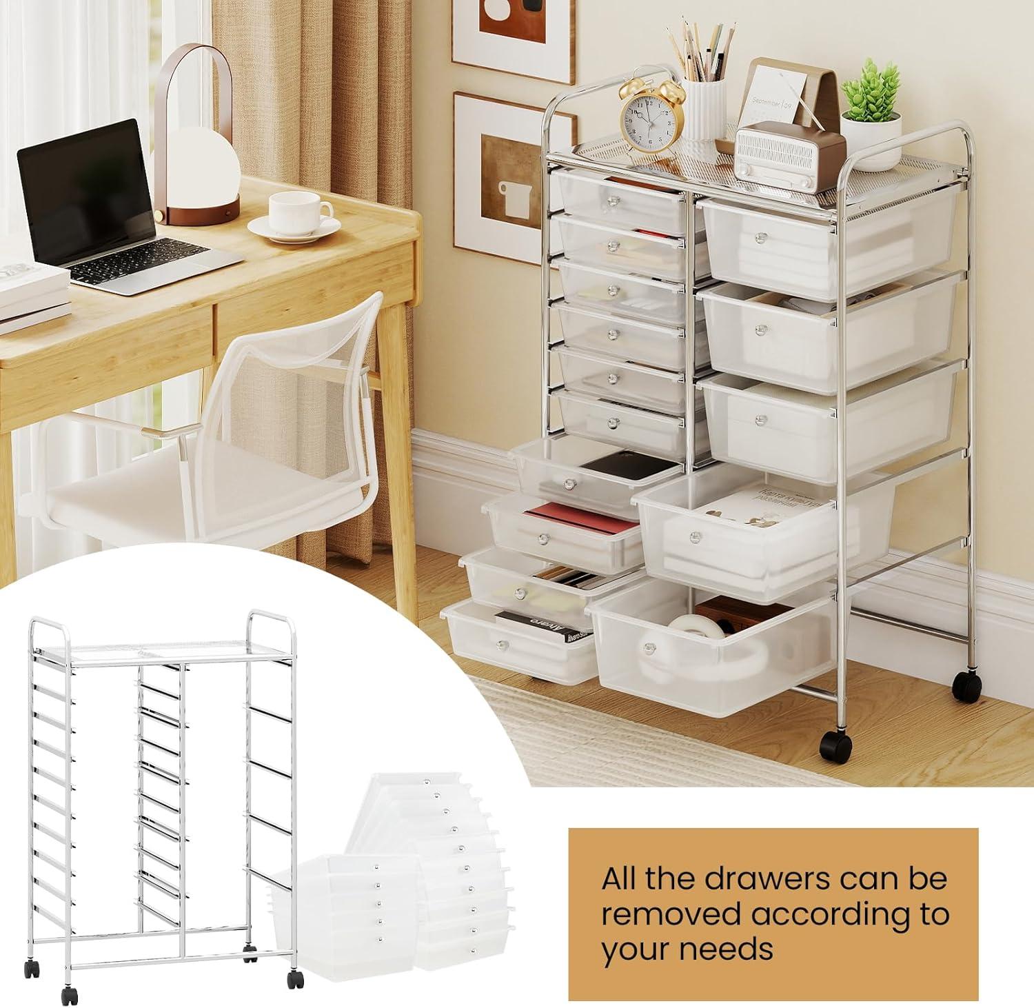 image:imageGiantex 15 Drawer Rolling Cart with Drawers Storage Organizer Cart for Classroom Office School Teacher Mobile Drawer Cart for Tools Crafts Small Printer Paper Pastel Ice CreamClear