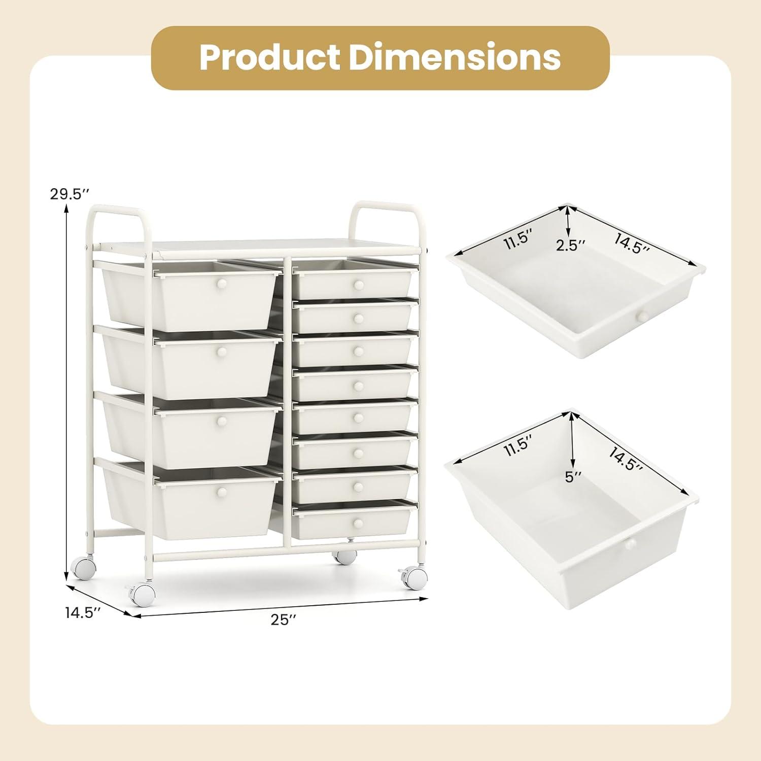 image:imageGiantex 15 Drawer Rolling Cart with Drawers Storage Organizer Cart for Classroom Office School Teacher Mobile Drawer Cart for Tools Crafts Small Printer Paper Pastel Ice CreamIvory