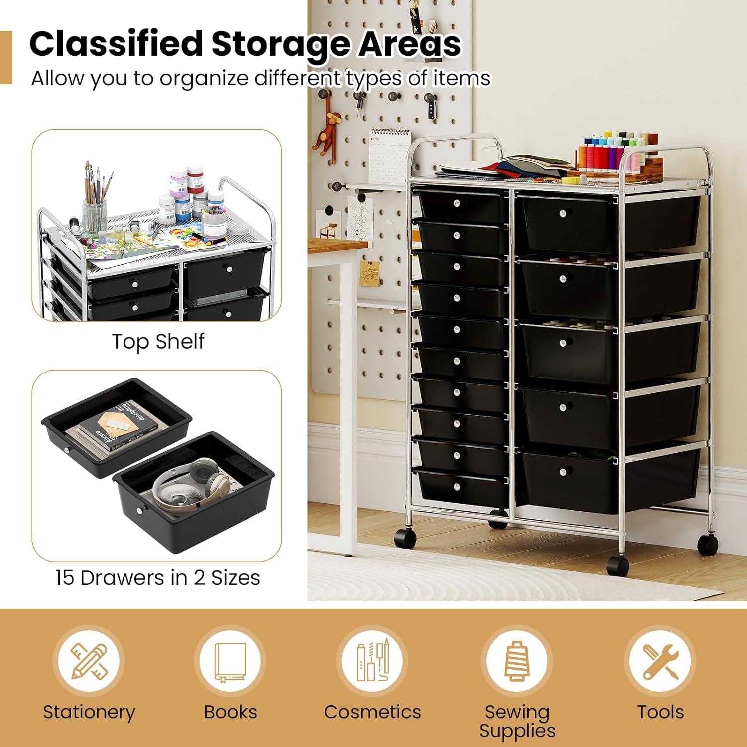 image:imageGiantex 15 Drawer Rolling Cart with Drawers Storage Organizer Cart for Classroom Office School Teacher Mobile Drawer Cart for Tools Crafts Small Printer Paper Pastel Ice CreamBlack