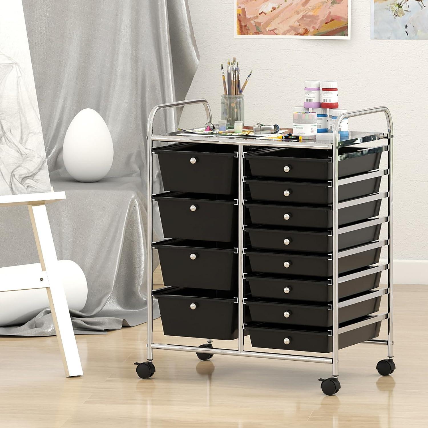image:imageGiantex 15 Drawer Rolling Cart with Drawers Storage Organizer Cart for Classroom Office School Teacher Mobile Drawer Cart for Tools Crafts Small Printer Paper Pastel Ice CreamBlack