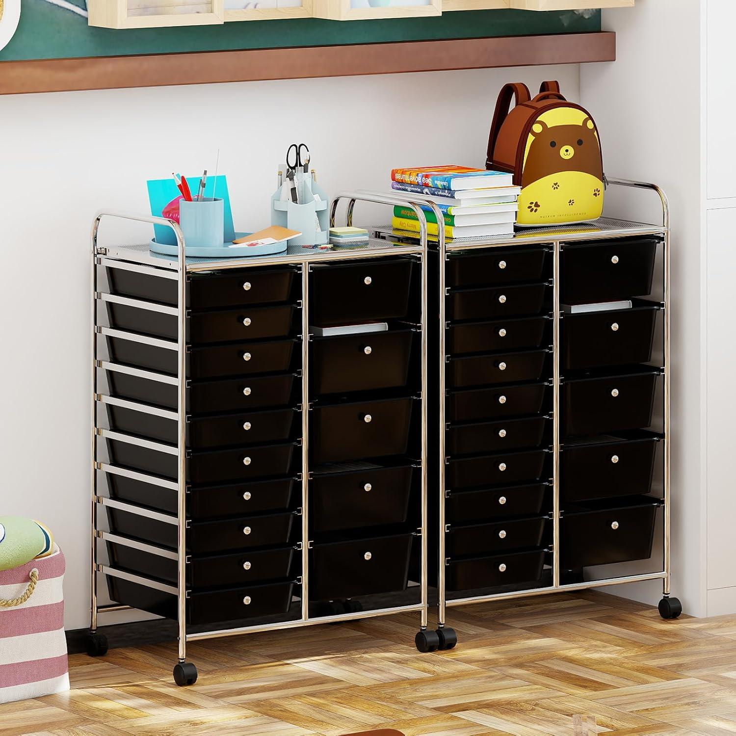 image:imageGiantex 15 Drawer Rolling Cart with Drawers Storage Organizer Cart for Classroom Office School Teacher Mobile Drawer Cart for Tools Crafts Small Printer Paper Pastel Ice CreamBlack