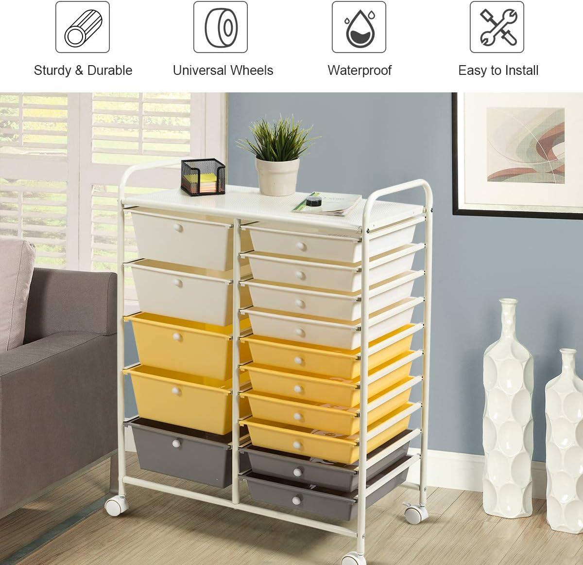 image:imageGiantex 15 Drawer Rolling Cart with Drawers Storage Organizer Cart for Classroom Office School Teacher Mobile Drawer Cart for Tools Crafts Small Printer Paper Pastel Ice CreamBeigeYellowGrey