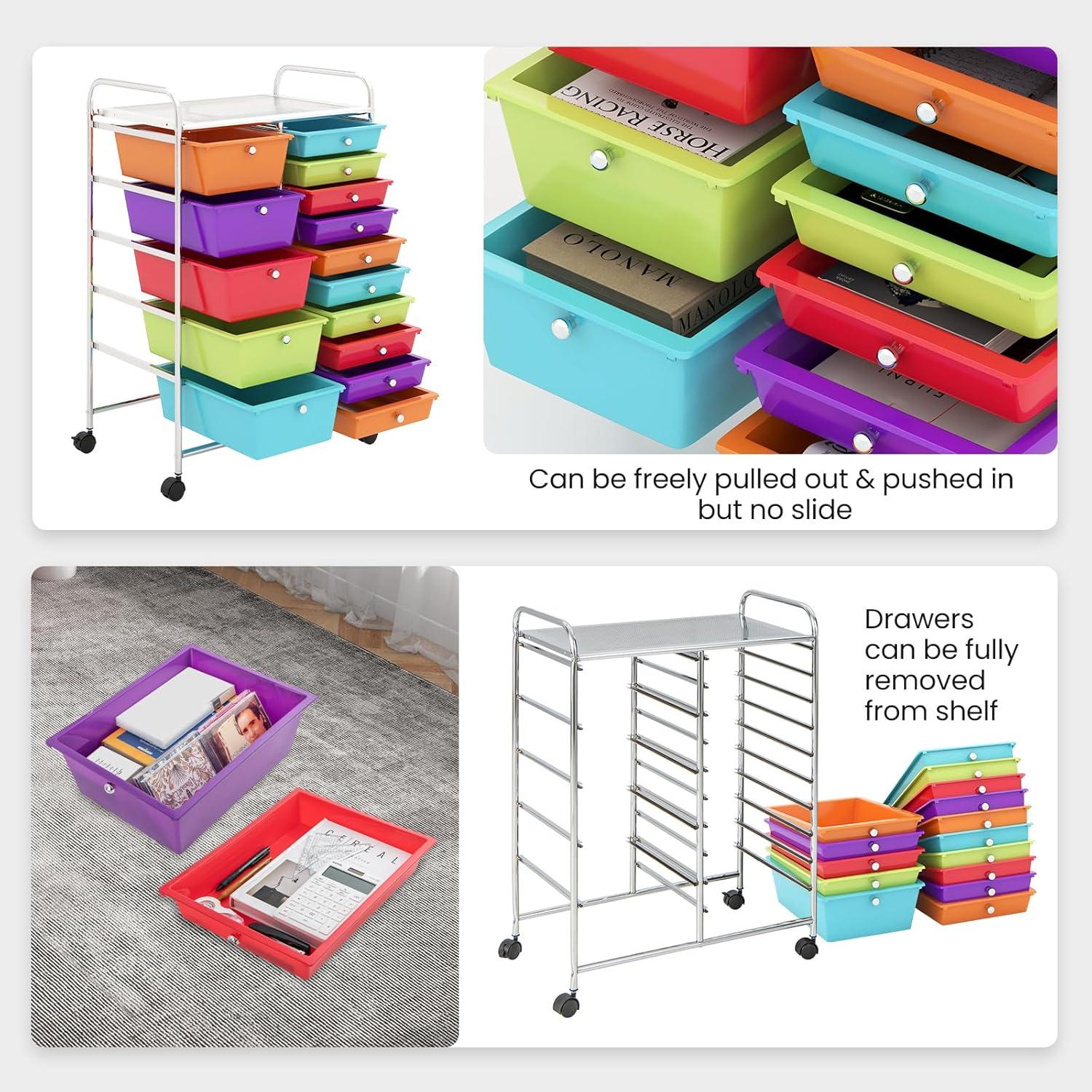 image:imageGiantex 15 Drawer Rolling Cart with Drawers Storage Organizer Cart for Classroom Office School Teacher Mobile Drawer Cart for Tools Crafts Small Printer Paper Pastel Ice CreamMulticolor