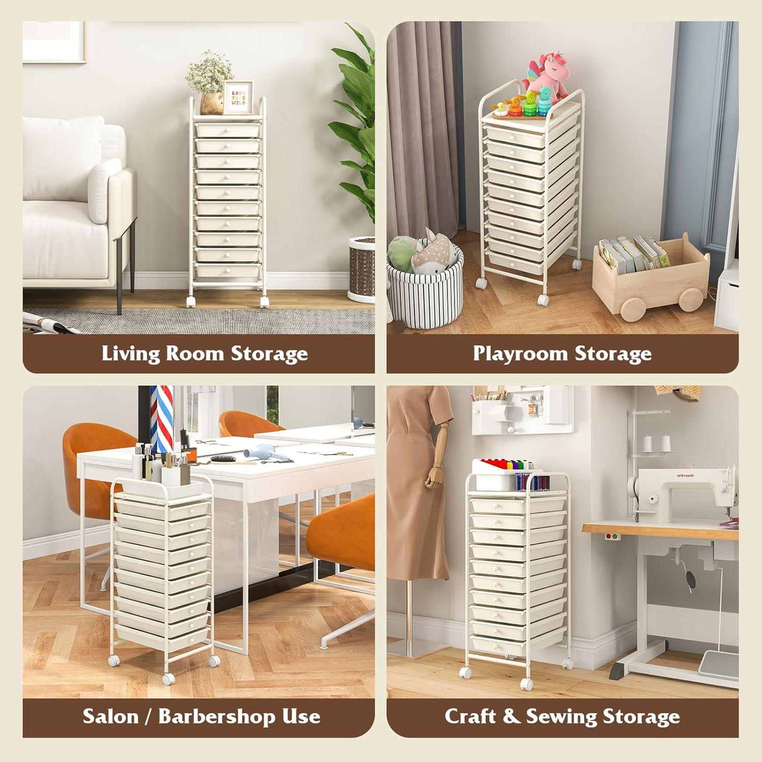 image:imageGiantex 15 Drawer Rolling Cart with Drawers Storage Organizer Cart for Classroom Office School Teacher Mobile Drawer Cart for Tools Crafts Small Printer Paper Pastel Ice CreamIvory