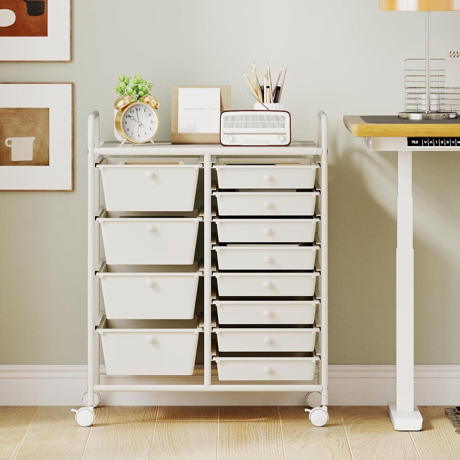 image:imageGiantex 15 Drawer Rolling Cart with Drawers Storage Organizer Cart for Classroom Office School Teacher Mobile Drawer Cart for Tools Crafts Small Printer Paper Pastel Ice CreamIvory