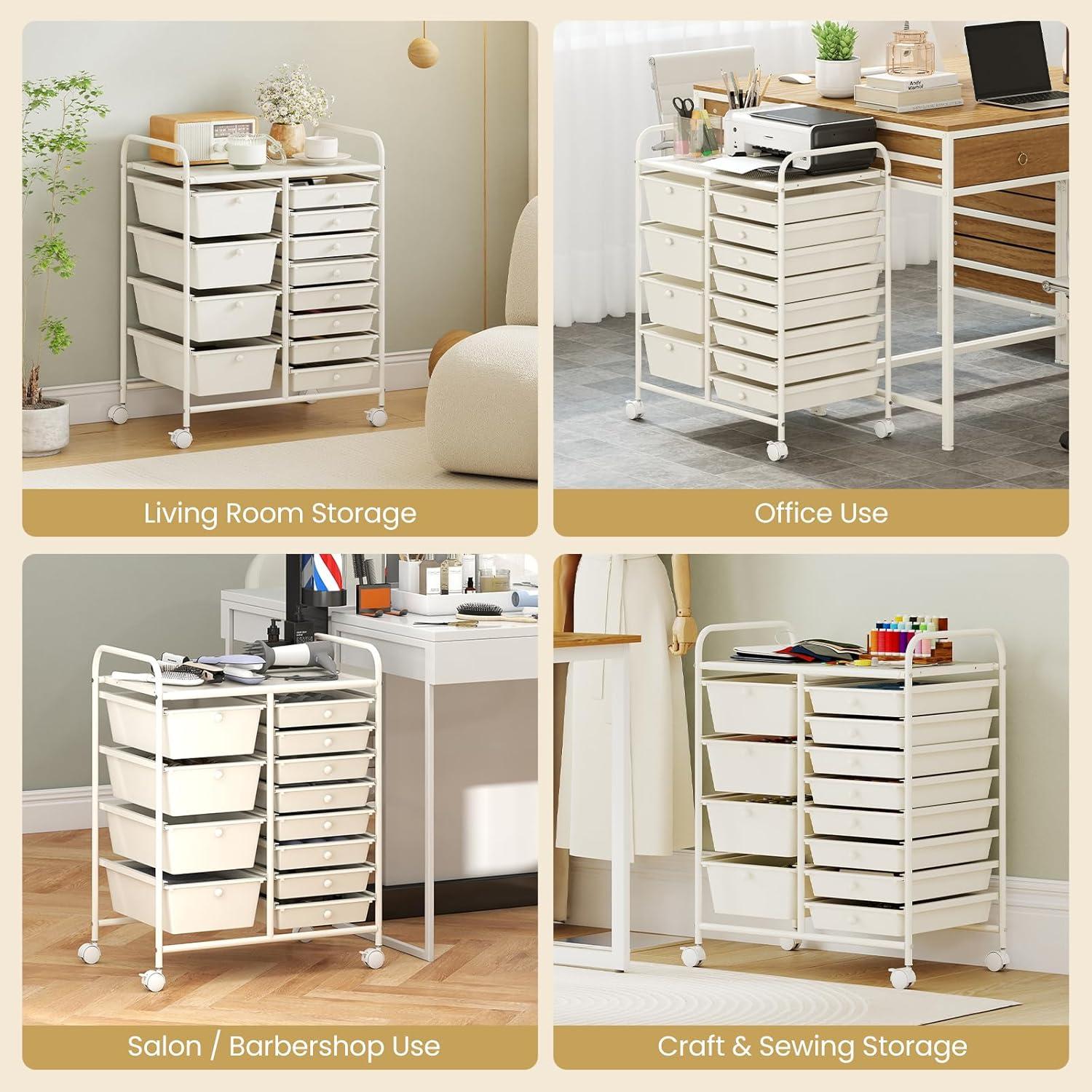 image:imageGiantex 15 Drawer Rolling Cart with Drawers Storage Organizer Cart for Classroom Office School Teacher Mobile Drawer Cart for Tools Crafts Small Printer Paper Pastel Ice CreamIvory