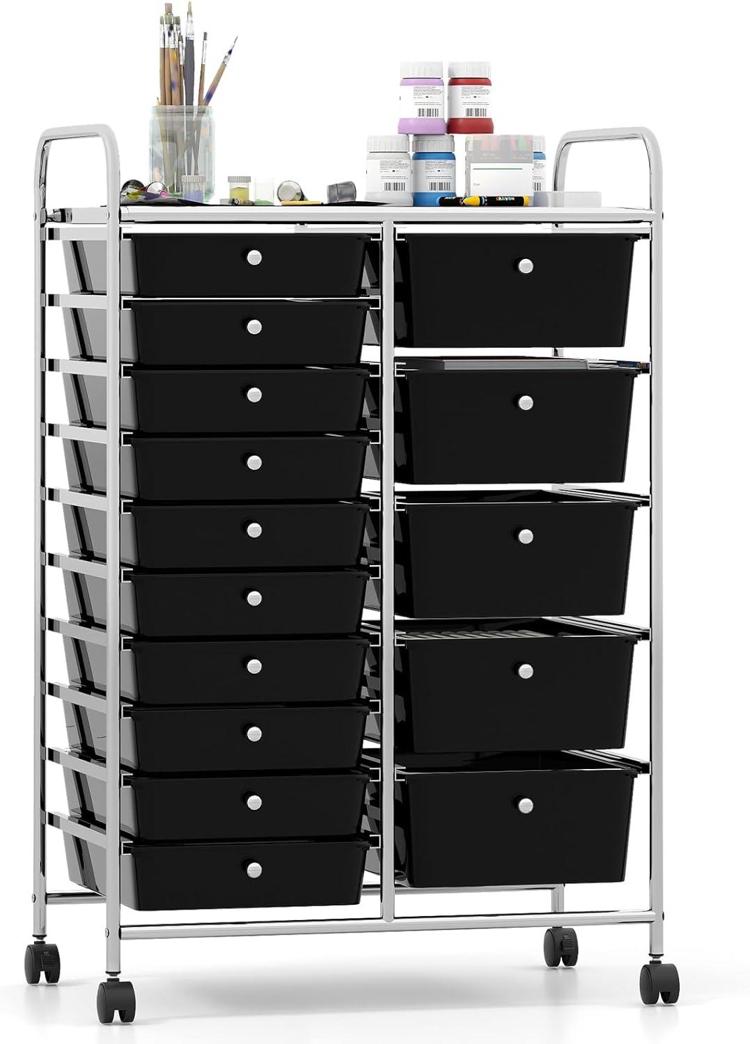 image:imageGiantex 15 Drawer Rolling Cart with Drawers Storage Organizer Cart for Classroom Office School Teacher Mobile Drawer Cart for Tools Crafts Small Printer Paper Pastel Ice CreamBlack