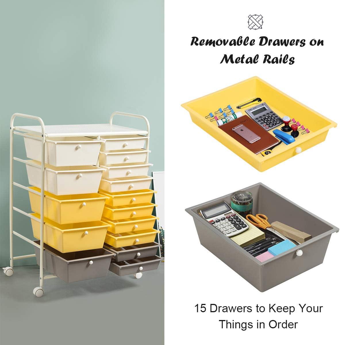 image:imageGiantex 15 Drawer Rolling Cart with Drawers Storage Organizer Cart for Classroom Office School Teacher Mobile Drawer Cart for Tools Crafts Small Printer Paper Pastel Ice CreamBeigeYellowGrey