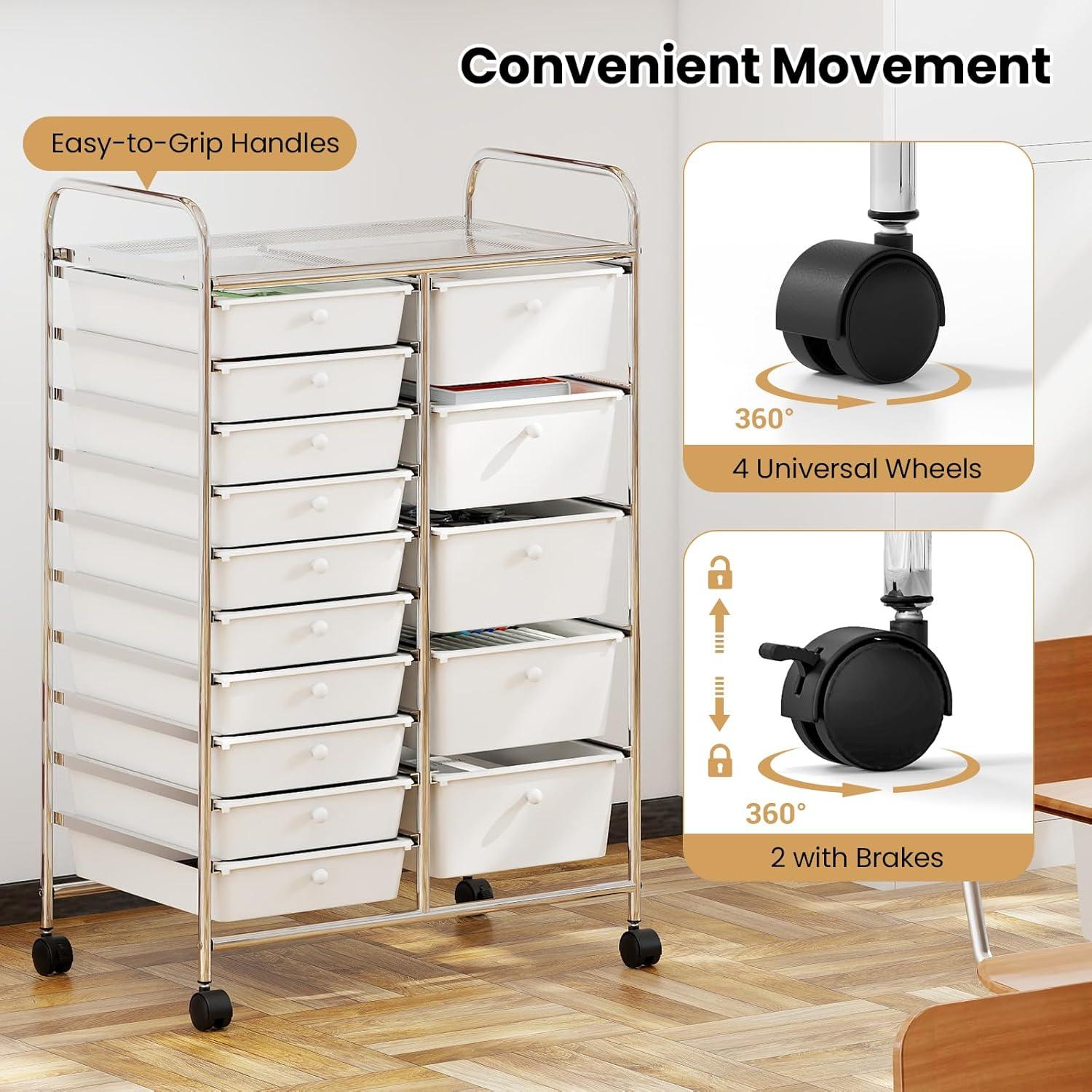 image:imageGiantex 15 Drawer Rolling Cart with Drawers Storage Organizer Cart for Classroom Office School Teacher Mobile Drawer Cart for Tools Crafts Small Printer Paper Pastel Ice CreamIvory