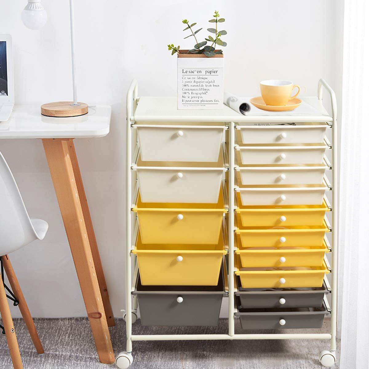 image:imageGiantex 15 Drawer Rolling Cart with Drawers Storage Organizer Cart for Classroom Office School Teacher Mobile Drawer Cart for Tools Crafts Small Printer Paper Pastel Ice CreamBeigeYellowGrey