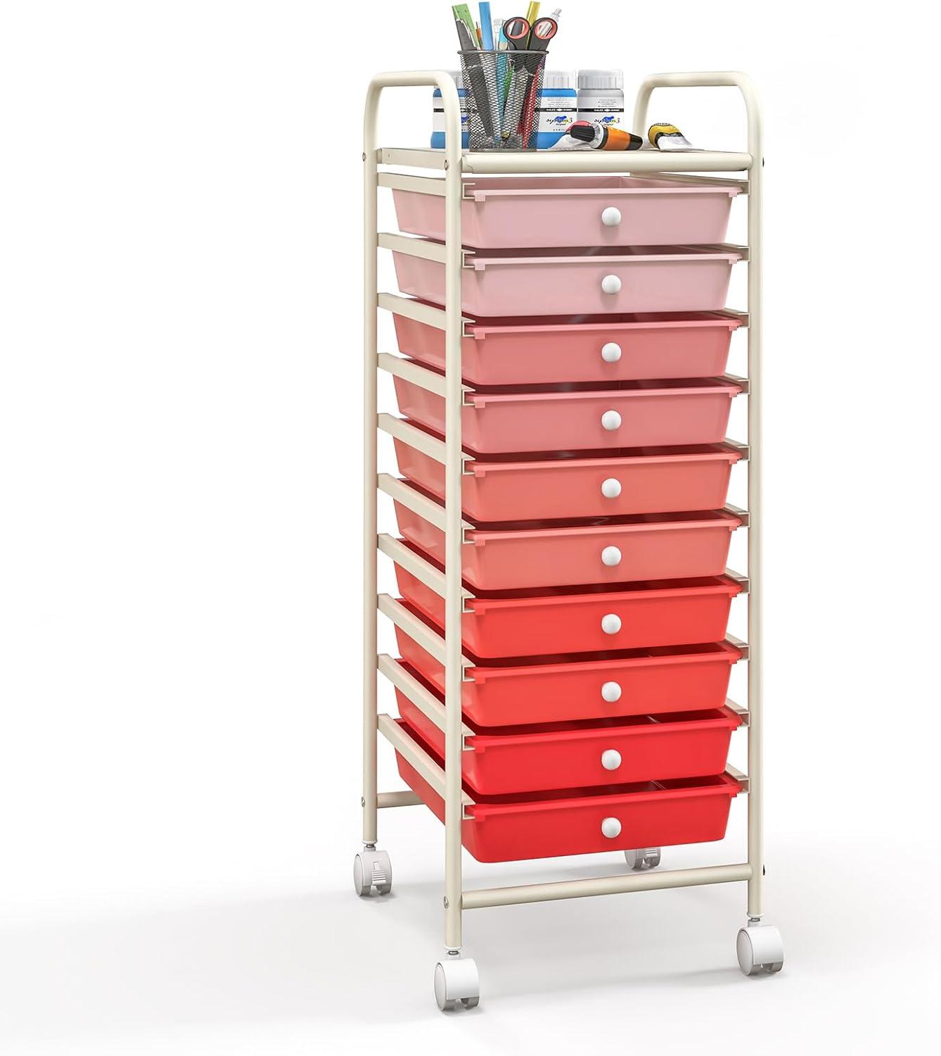 image:imageGiantex 15 Drawer Rolling Cart with Drawers Storage Organizer Cart for Classroom Office School Teacher Mobile Drawer Cart for Tools Crafts Small Printer Paper Pastel Ice CreamRed