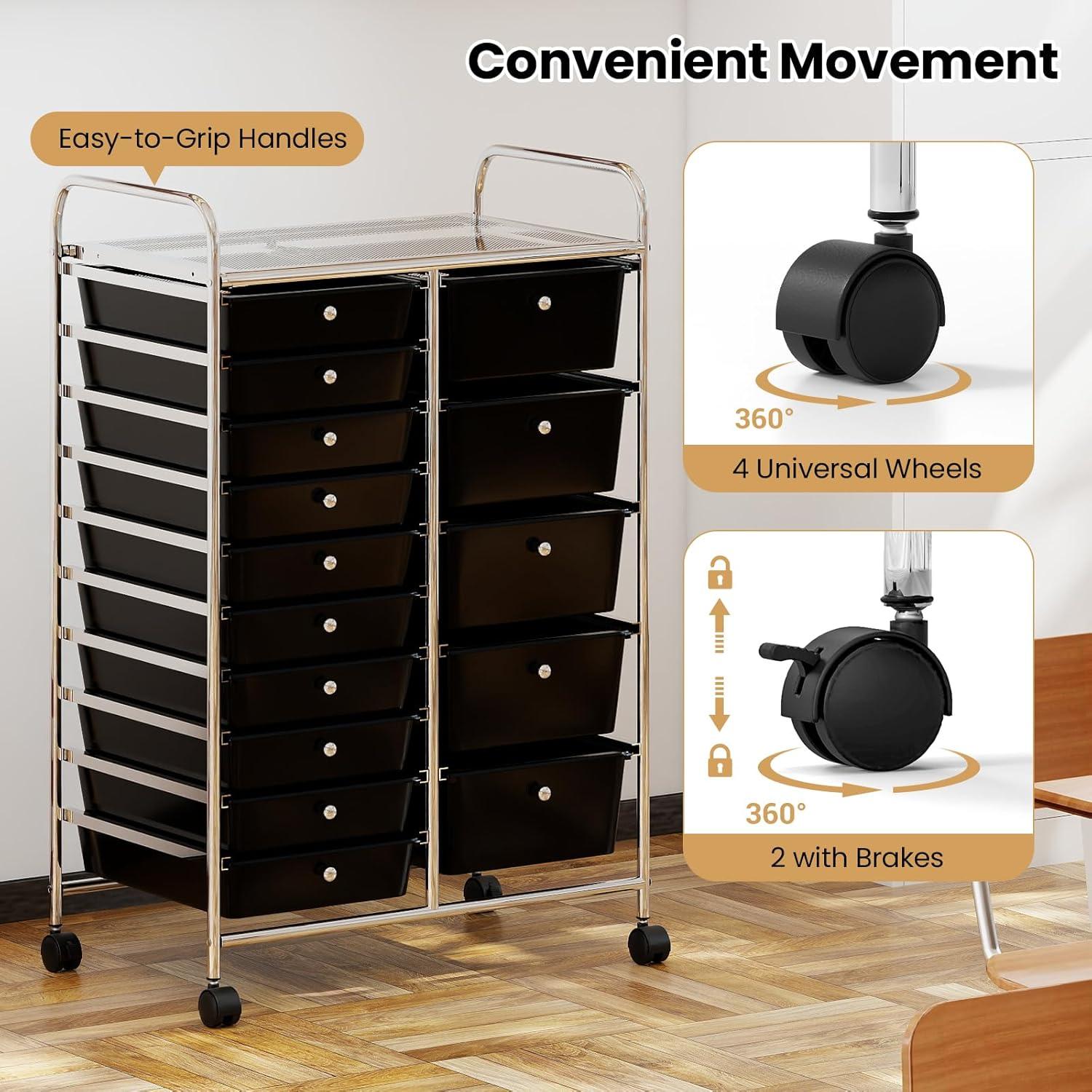 image:imageGiantex 15 Drawer Rolling Cart with Drawers Storage Organizer Cart for Classroom Office School Teacher Mobile Drawer Cart for Tools Crafts Small Printer Paper Pastel Ice CreamBlack