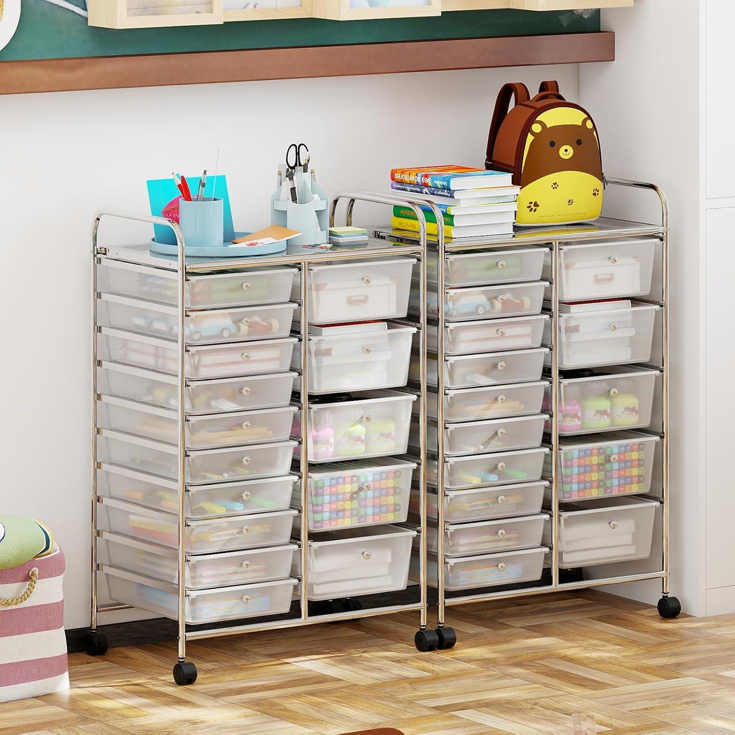image:imageGiantex 15 Drawer Rolling Cart with Drawers Storage Organizer Cart for Classroom Office School Teacher Mobile Drawer Cart for Tools Crafts Small Printer Paper Pastel Ice CreamClear