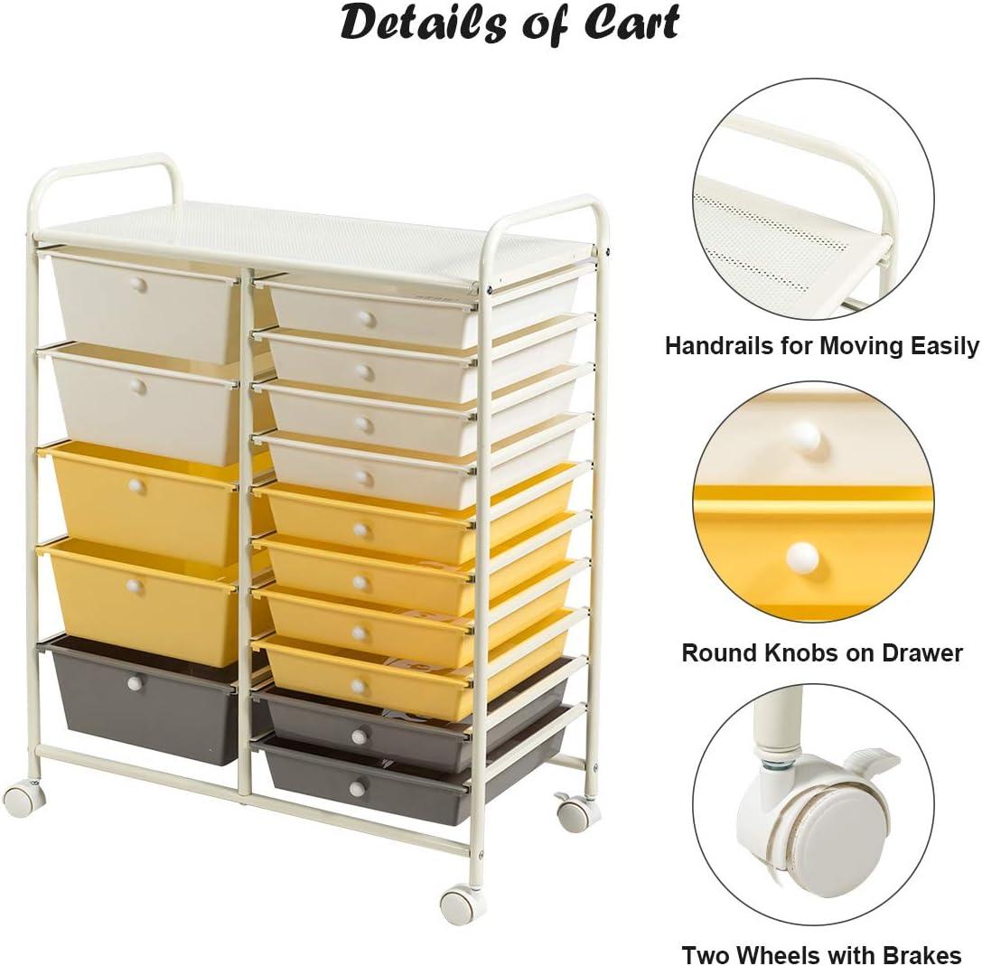 image:imageGiantex 15 Drawer Rolling Cart with Drawers Storage Organizer Cart for Classroom Office School Teacher Mobile Drawer Cart for Tools Crafts Small Printer Paper Pastel Ice CreamBeigeYellowGrey